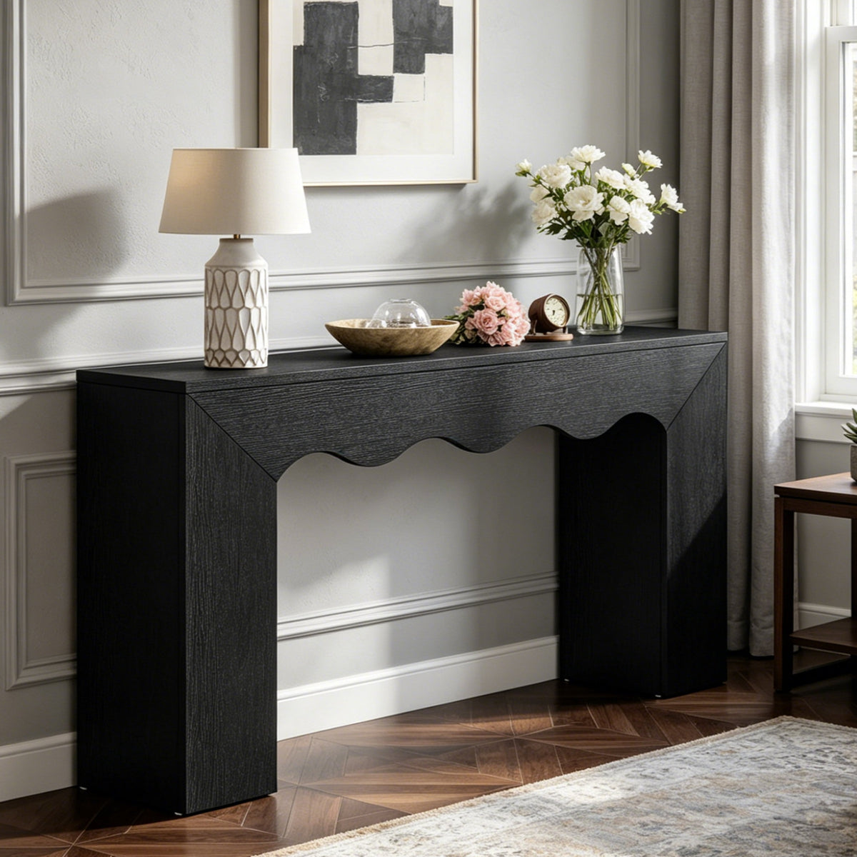 Fnova 63-Inch Farmhouse Console Table with Wave Edge, Long Narrow Wood Entryway Table, Sofa Table for Living Room, Hallway, Behind Couch, Black,WM010347_B_US