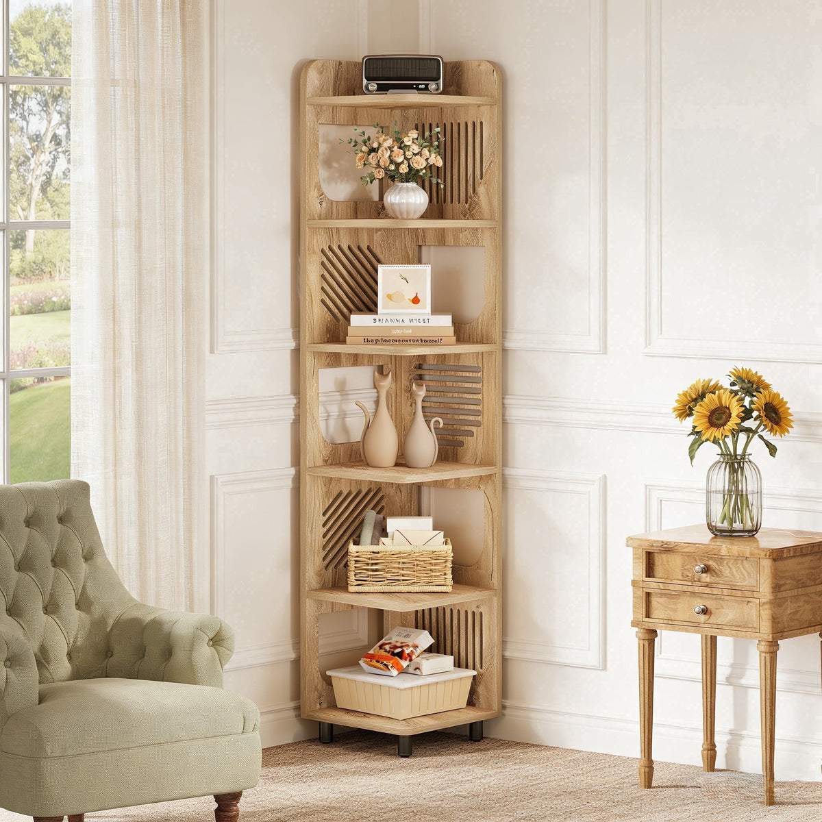 Fnova 71-Inch 6-Tier Tall Corner Bookshelf, Rustic Wooden Narrow Corner Bookcase with Artistic Square Rack, Freestanding Display Storage Shelf for Space-Saving Home Organizing,WM010521_LBN_Shelf
