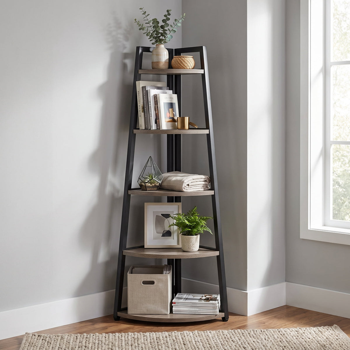 Fnova 71-Inch 5-Tier Industrial Corner Ladder Shelf, Modern Corner Bookshelf, Compact Bookcase, Plant Stand for Living Room, Kitchen, Home Office,WM010513_G_Shelf
