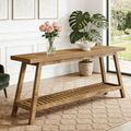 Fnova 71" Farmhouse 2-Tier Console Table, Sofa Table with Lower Shelf, Heavy-Duty Trapezoid Base, for Entryway/Living Room, Easy Assembly,Light Brown