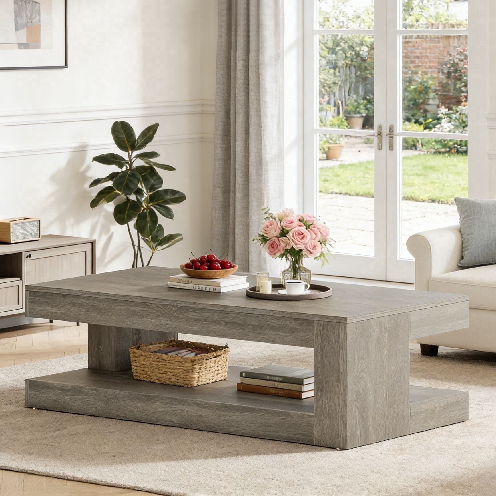 Fnova 47" Farmhouse Coffee Tabl, 2-Tier Rectangular Accent Center Tea Cocktail Table with Storage for Living Room,Gray