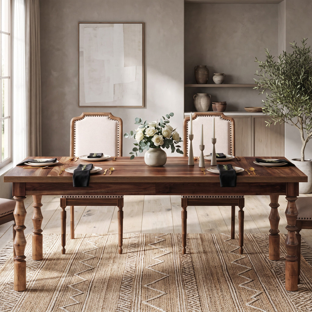 Fnova 62-Inch Farmhouse Dining Table for 4-6 People, Large Wood Rectangle Kitchen Table Modern Dining Room Furniture with Carved Turned Legs,WM010236_BN_Tables