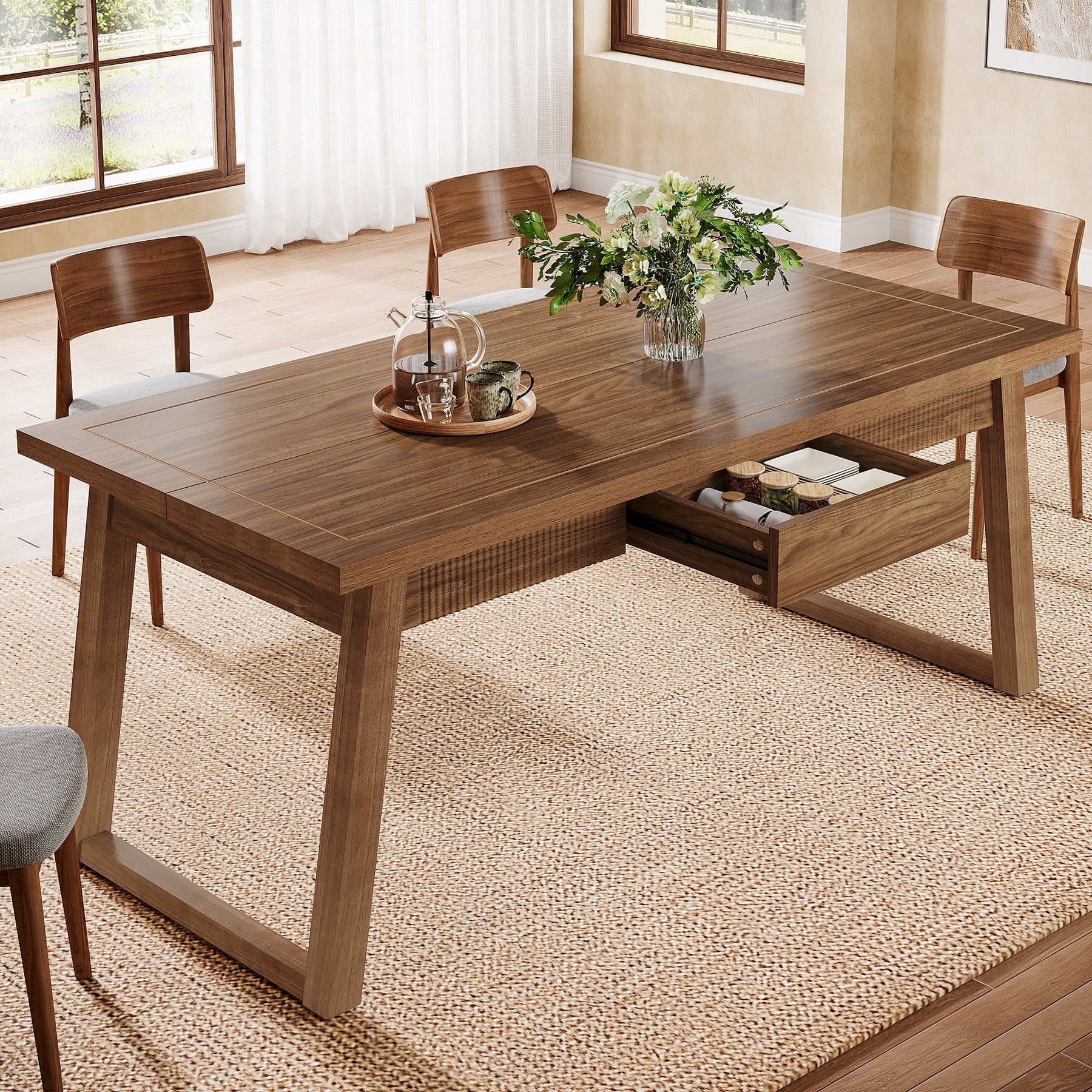 Fnova 55.12¡± Farmhouse Dining Table, Wood Rectangular Kitchen Table with Large Storage Drawer, Seats 4 to 6 for Dining Room & Kitchen, Living Room,WM010268_BN_Tables