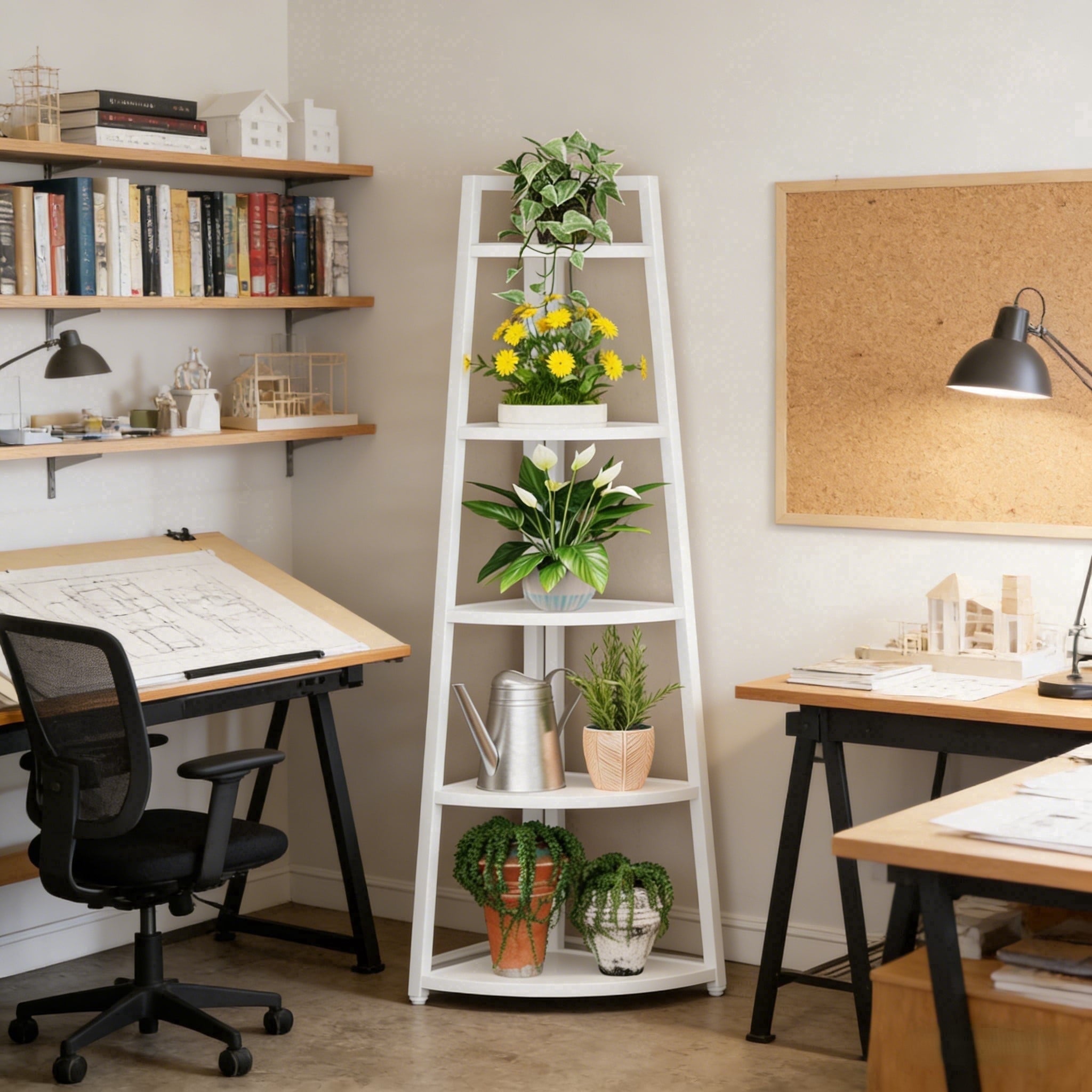 Fnova 71" 5-Tier Industrial Corner Ladder Shelf, Modern Corner Bookshelf, Compact Bookcase, Plant Stand for Living Room, Kitchen, Home Office,White