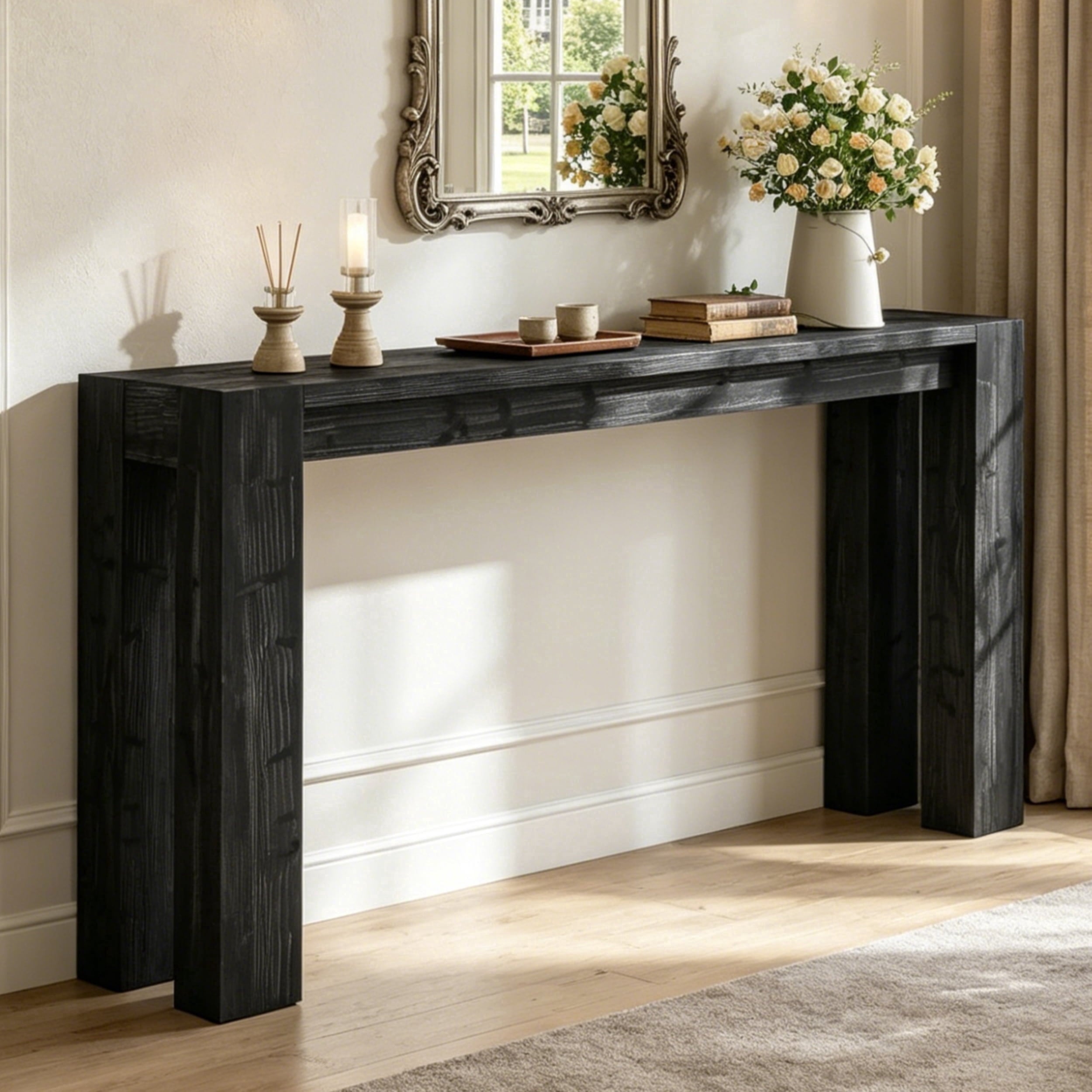 Fnova 70.9" Solid Wood Black Console Table, Farmhouse Extra Long Narrow Entryway Table, Heavy Duty Sofa Table for Living Room, Hallway, Foyer,Black