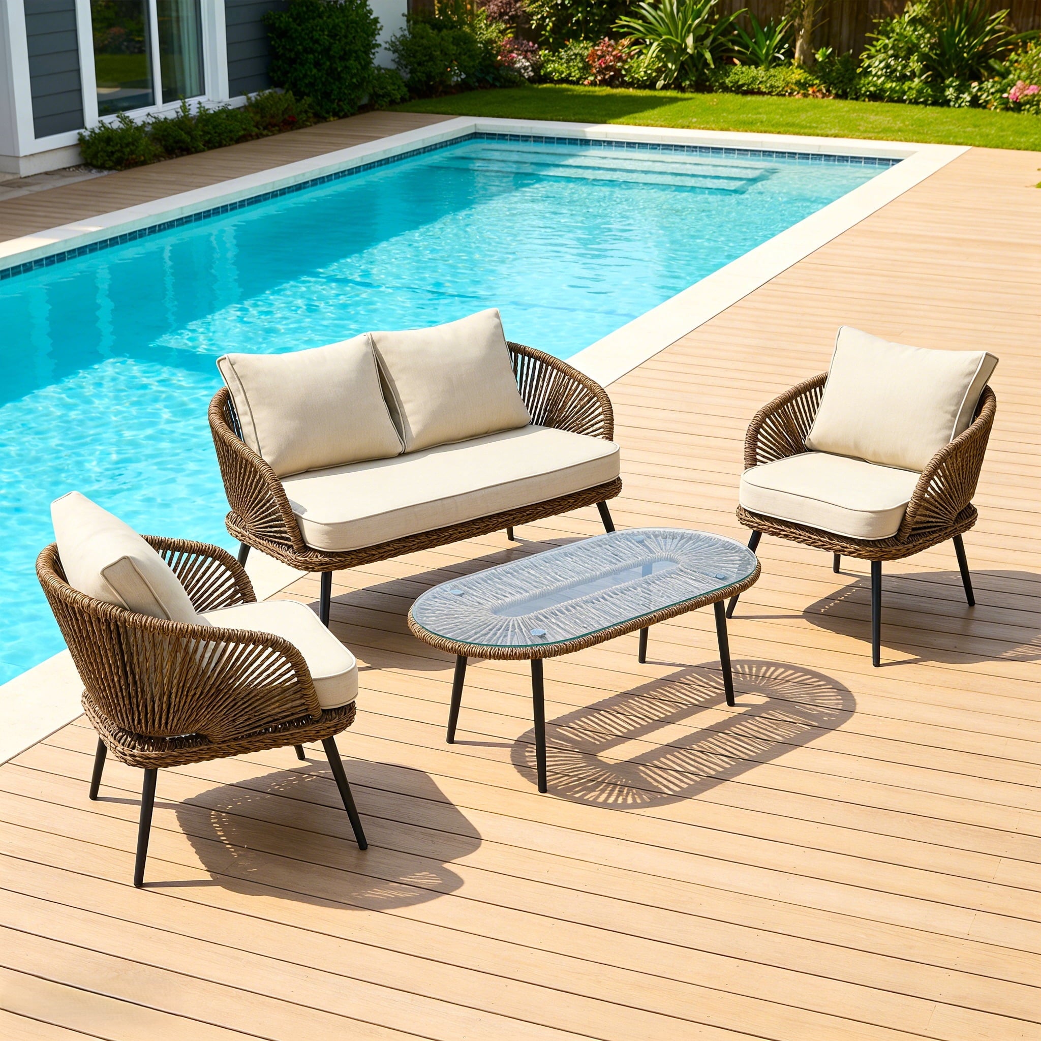 Fnova 4-Piece Outdoor Patio Furniture Set, Wicker Rattan Conversation Furniture Set with Removable Cushions and Glass Coffee Table for Balcony, Backyard Porch, Poolside,WM011525_W_US