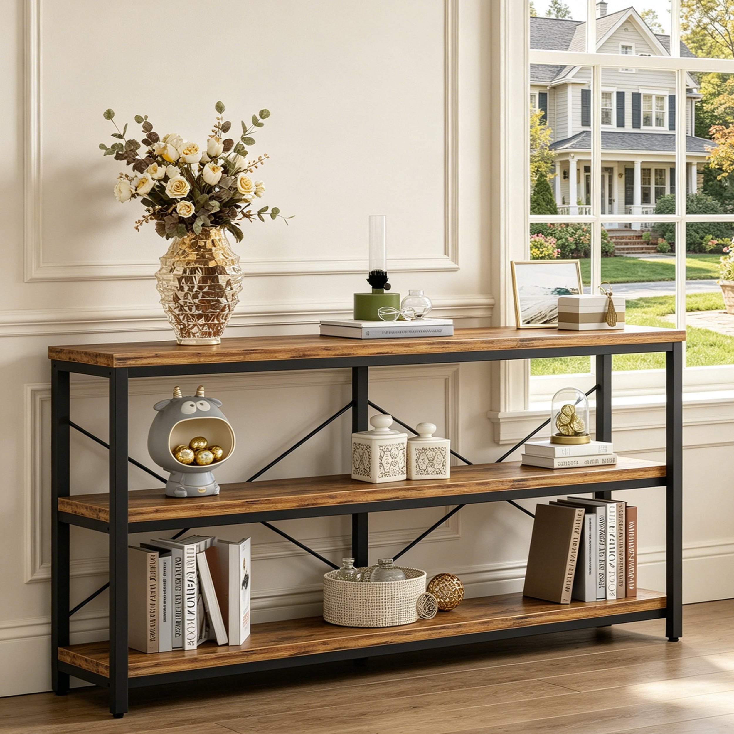 Fnova 55-Inch Industrial Console Table, 3-Tier Sofa Table with Open Storage Shelves, Rustic Entryway Table for Living Room, Hallway, Foyer,WM010382_BNB_US