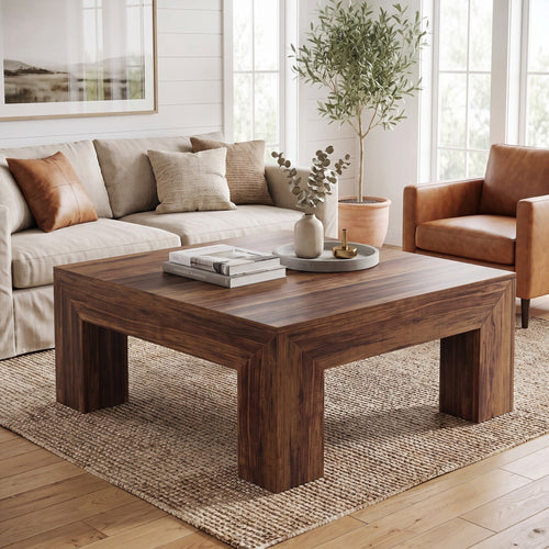 Fnova 39.4-Inch Square Coffee Table, Farmhouse Wood Accent Center Cocktail Table with Sturdy Wooden Legs for Living Room, Easy Assembly,WM010258_DBN_Tables