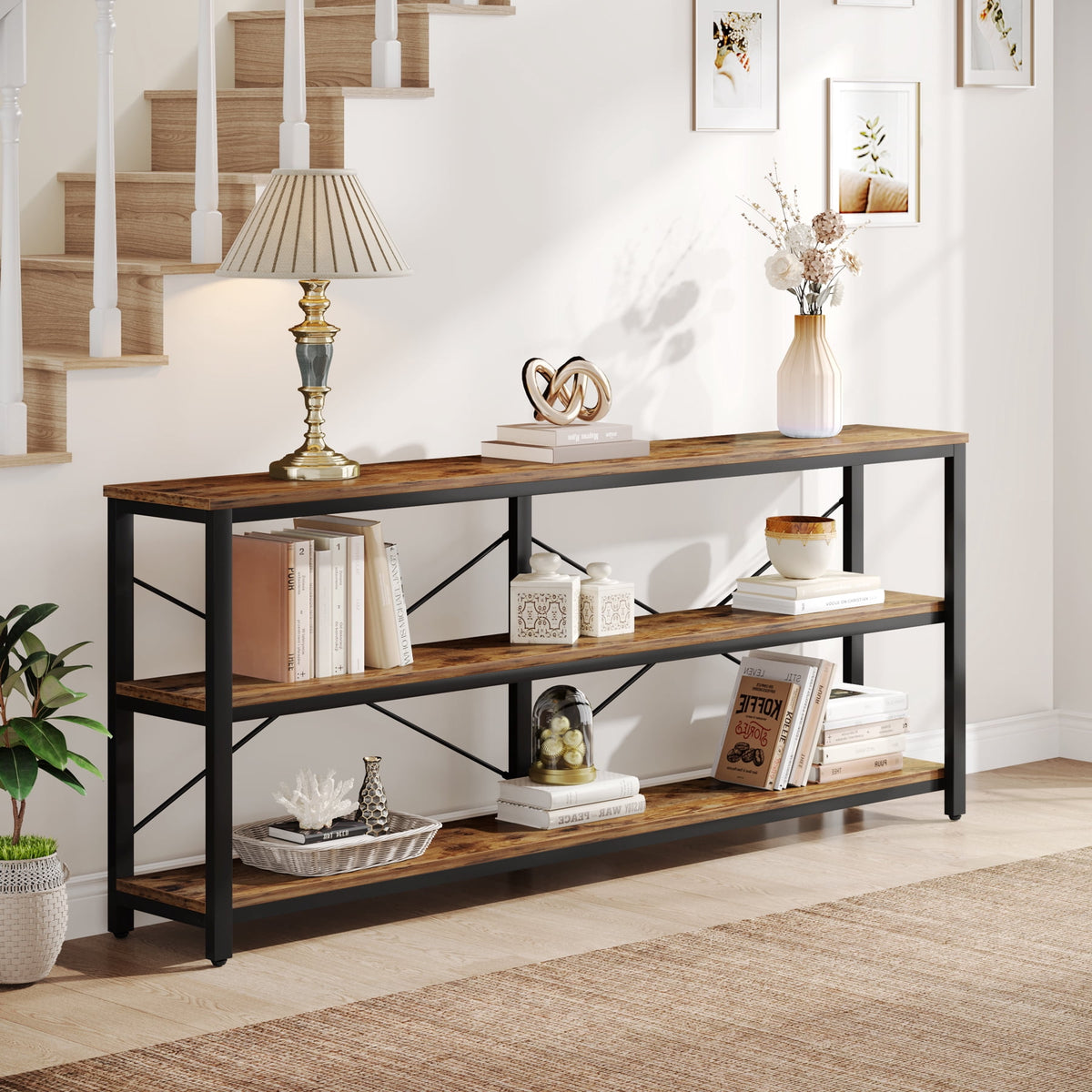Fnova 70.9-Inch Modern Console Table, Industrial 3-Tier Sofa Table with Metal Frame, Behind the Sofa with Storage Shelves for Living Room, Entrance, Hallway, Lobby,WM010295_BN_Tables