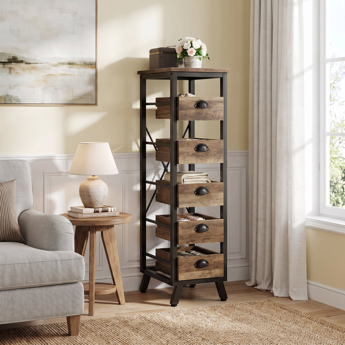 Fnova 5-Drawer Vertical Storage Dresser, Tall Narrow Chest of Drawers with Metal Frame, Freestanding Storage Organizer Cabinet, Home Office Furniture for Bedroom Closet Entryw,WM010626_BNB_US