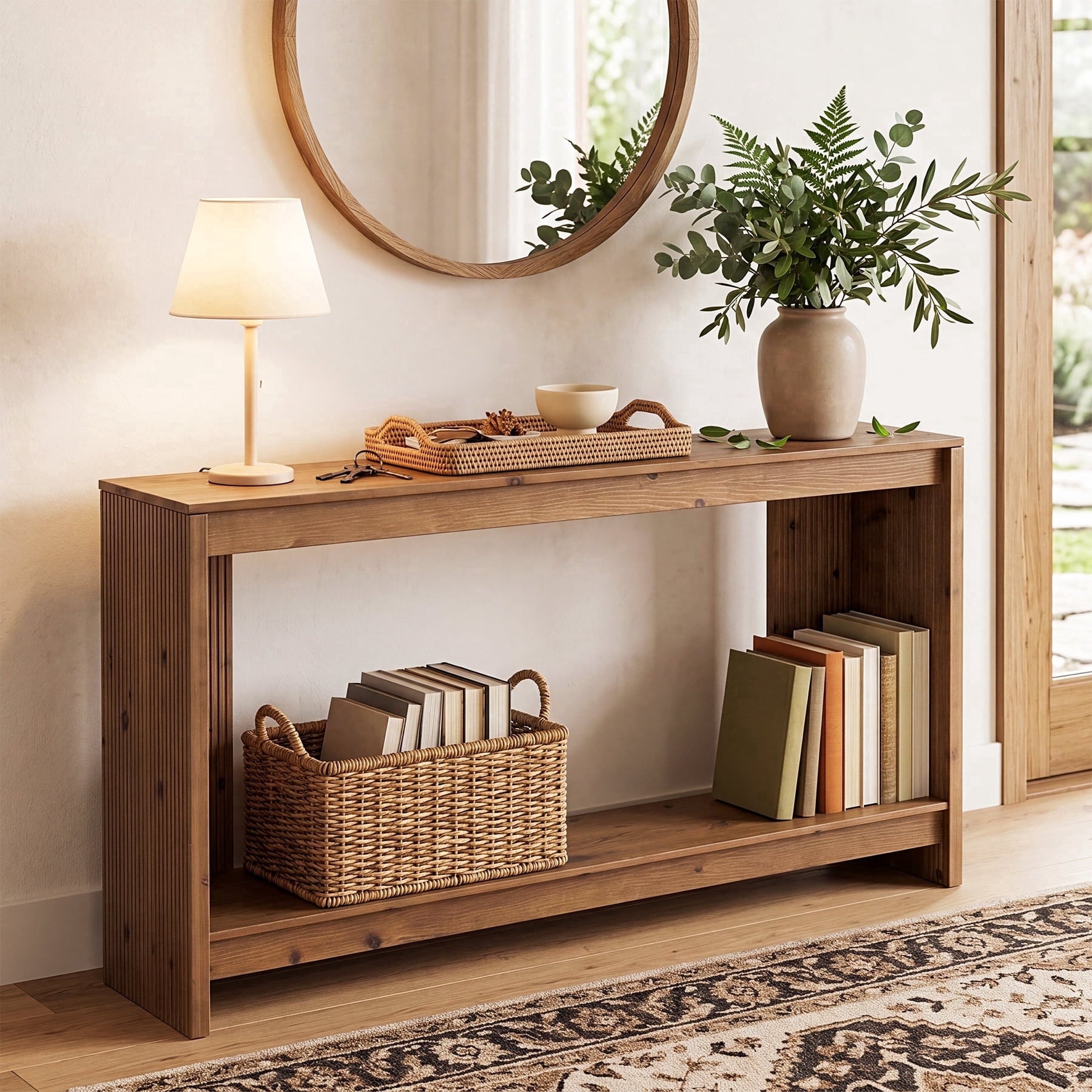 Fnova 63" Solid Wood Console Table, Sofa Table with 2-Tier Storage Shelf for Entryway, Living Room