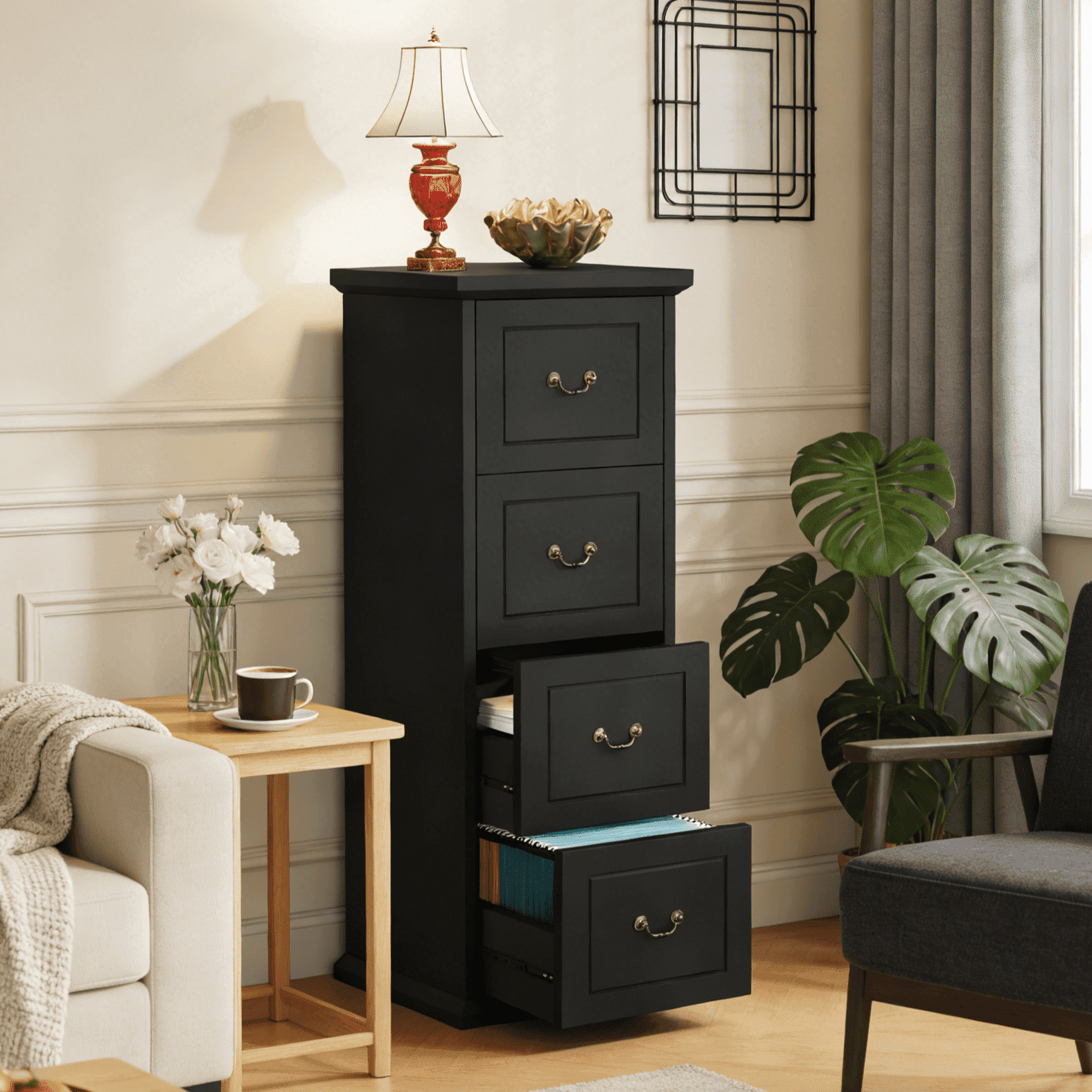 Fnova 4-Drawer File Cabinet, Tall Wood Filing Cabinet for A4/Letter Size, Large Office Drawer Chest, Rustic Storage Organizer Unit for Home Office, Black,Black