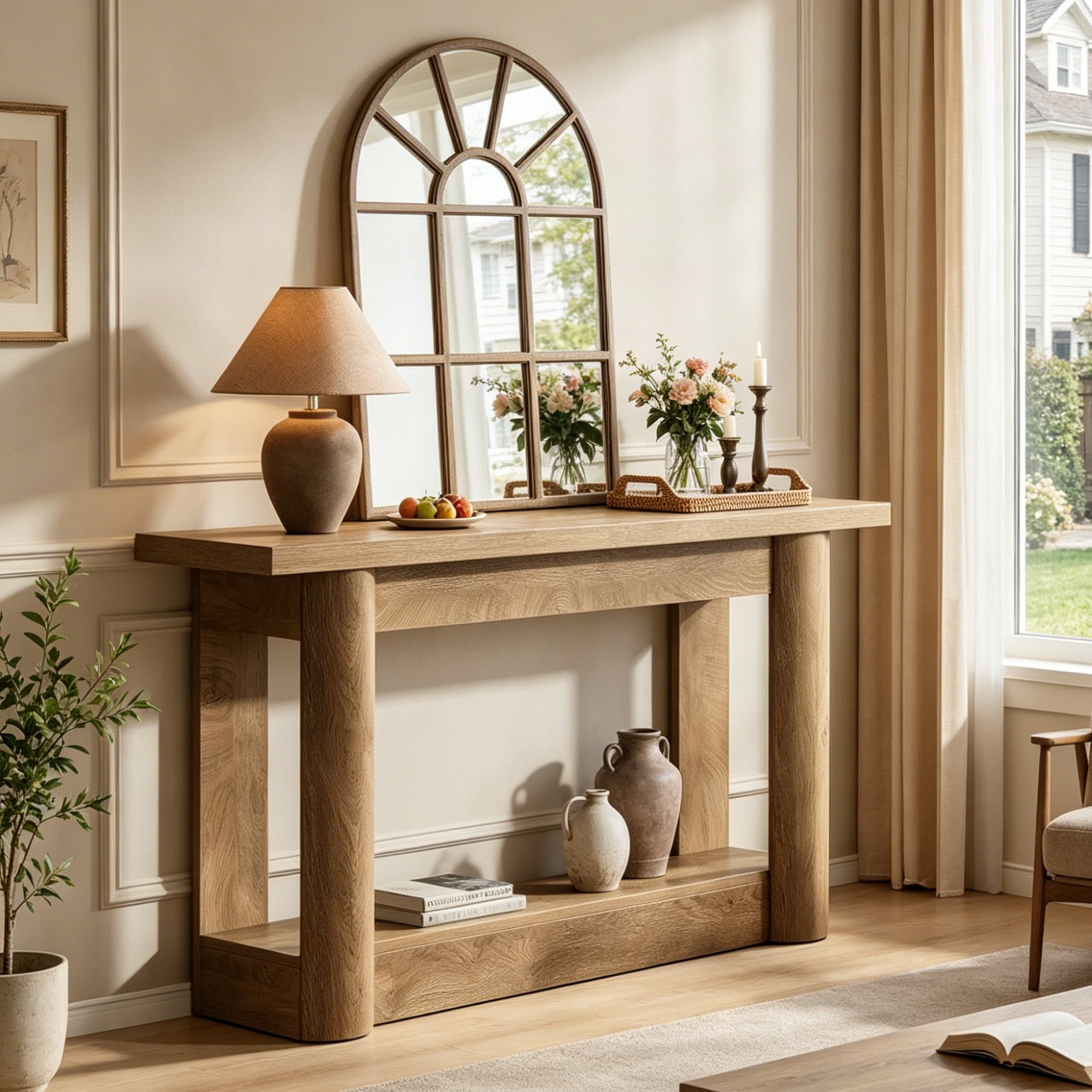 Fnova 63" Farmhouse Console Table with Long Storage Shelves, 2-Tier Entertainment Center for 55" - 75" TVs, Tall Television Console Table for Living Room, Bedroom, Hallway, Foyer,Warm Brown
