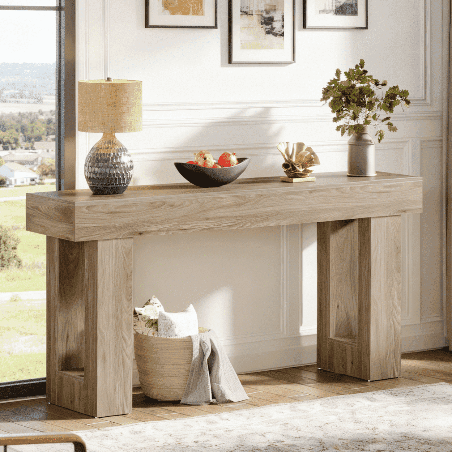 Fnova 63" Long Console Table, 2-Tier Wooden Narrow Rectangular Sofa Table Behind Couch, Farmhouse Entryway Table for Entrance, Hallway, Living Room,Light Brown