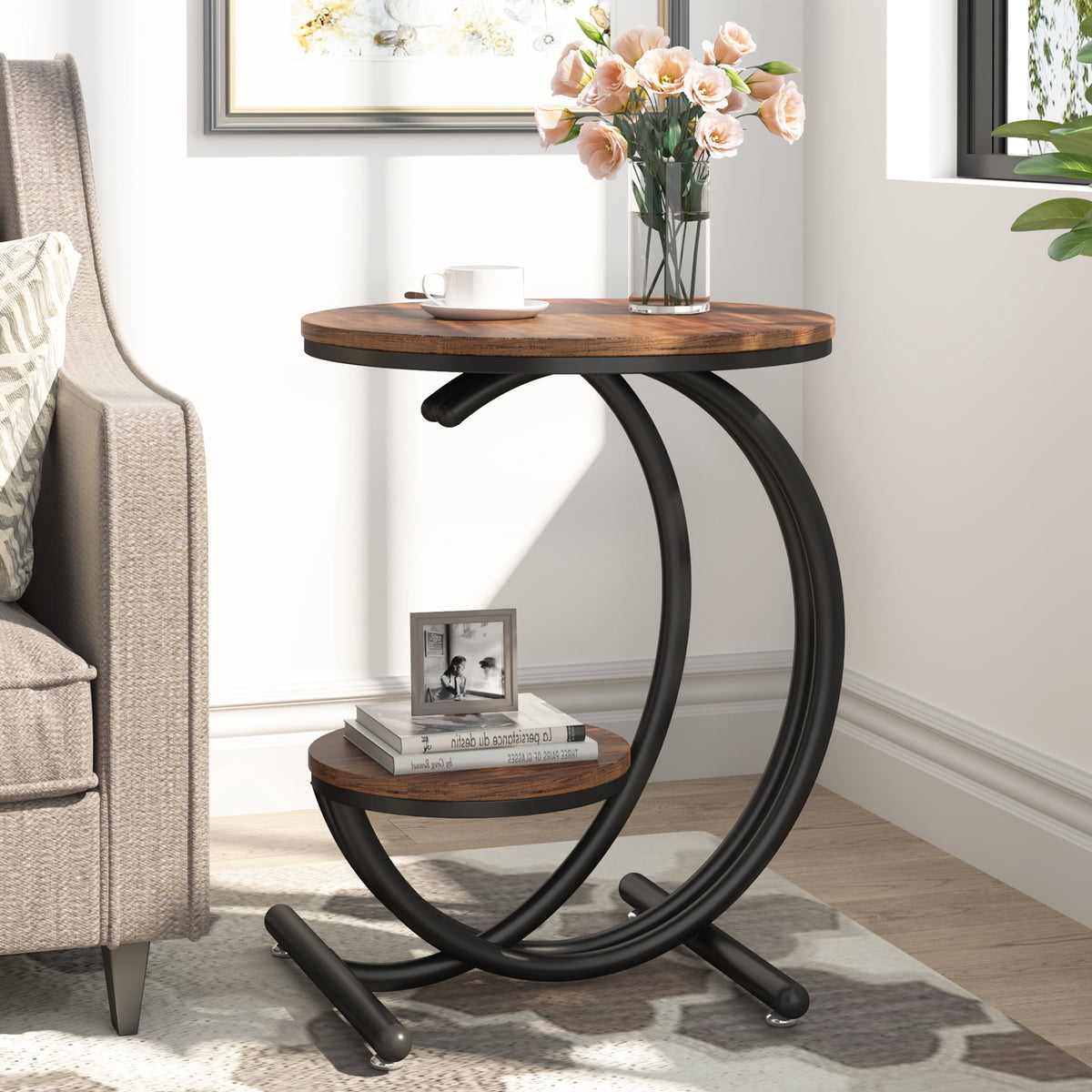 Fnova Industrial C - Shaped Side Table, 19.68-Inch End Table with Storage Shelf, Geometric Shapes, Metal Frame for Study, Kitchen, Dining Room, Living Room, Easy Assembly,WM010122_BN_Tables