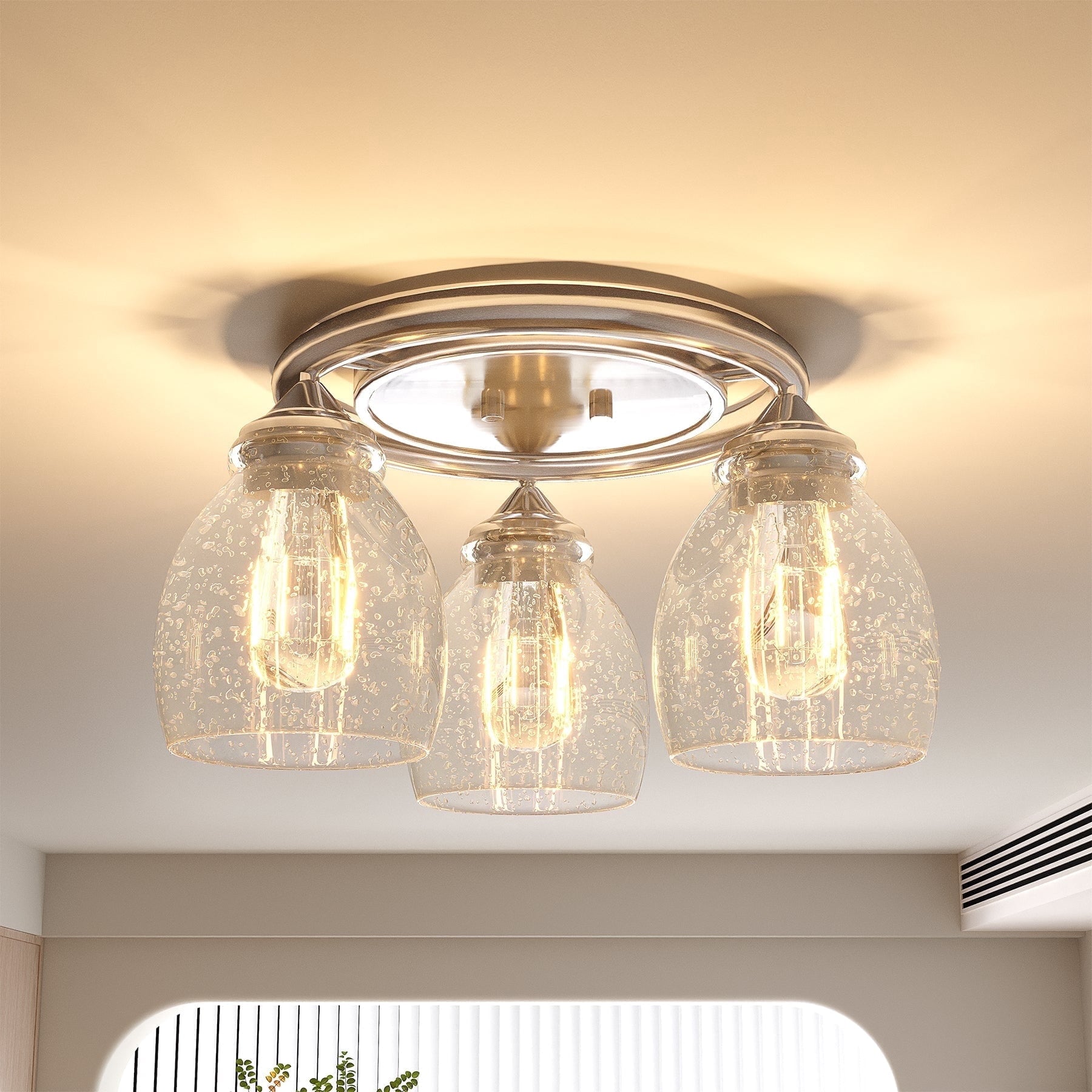Fnova 3-Lights Ceiling Lamp with E26 Base, Modern Sand Nickel Ceiling Light Fixture with Clear Bubble Glass, Kitchen Light Fixtures for Hallway, Foyer, Entryway, Bedroom,WM011110M-G-Light