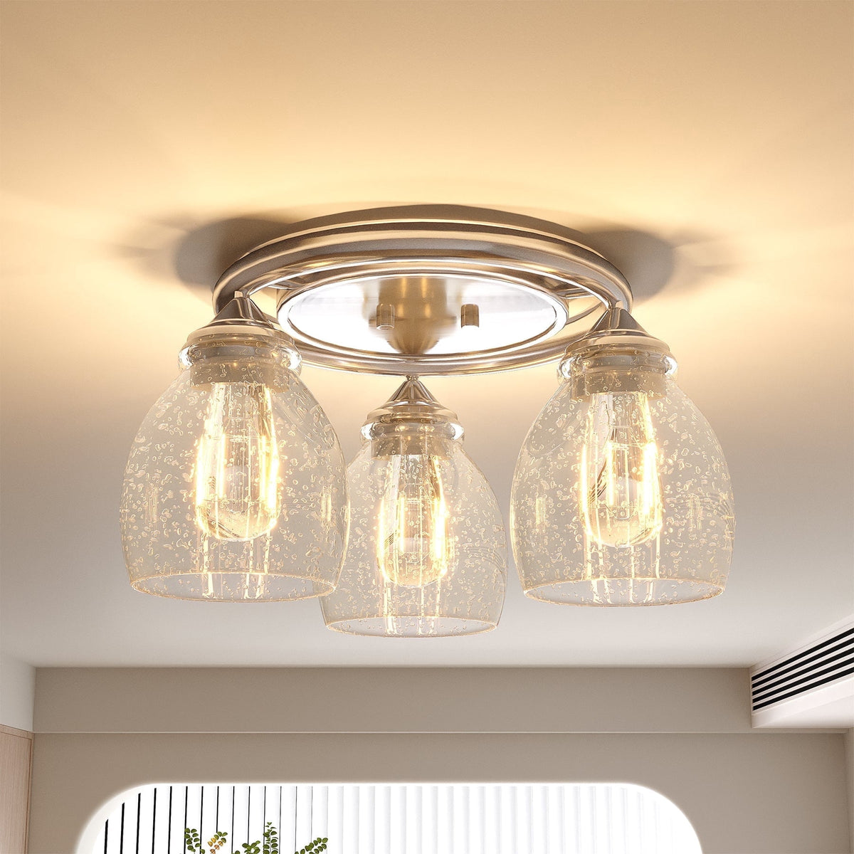 Fnova 3-Lights Ceiling Lamp with E26 Base, Modern Sand Nickel Ceiling Light Fixture with Clear Bubble Glass, Kitchen Light Fixtures for Hallway, Foyer, Entryway, Bedroom,WM011110M-G-Light