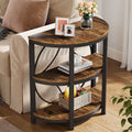 Fnova Farmhouse Half-Moon End Table, 3-Tier Storage Wood Side Table with Metal Frame, Modern Bedside Table, Narrow Sofa Table for Living Room Bedroom, Easy Assembly, Vintage Brown,Brown