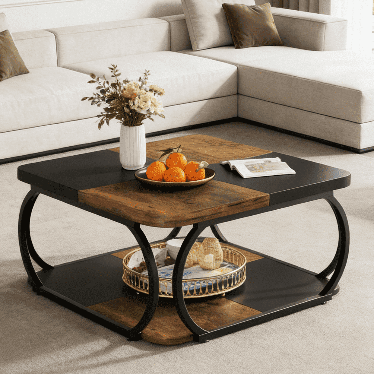 Fnova 39.2" Square Coffee Table, Industrial Modern Style with Wood Colorblock Design, Decorative Center Table for Living Room, Bedroom & Apartment, Easy to Assemble,Brown