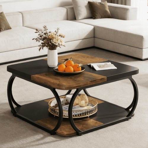 Fnova 39.2" Square Coffee Table, Industrial Modern Style with Wood Colorblock Design, Decorative Center Table for Living Room, Bedroom & Apartment, Easy to Assemble,Brown