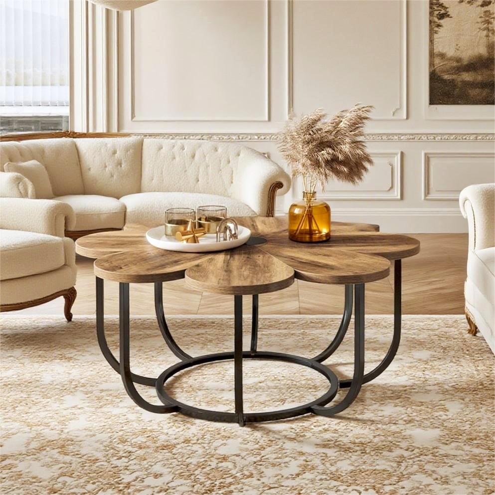Fnova 39.37" Flower-Shaped Coffee Table, Modern Floral Accent Center Table with Faux Marble Tabletop & Metal Frame for Living Room, Bedroom & Lounge,Brown