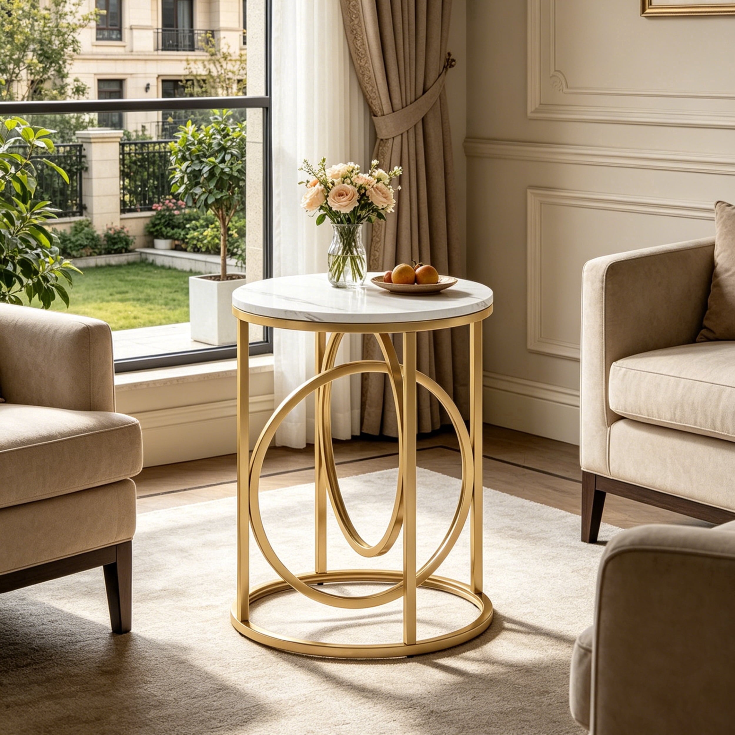 Fnova Modern Round End Table, Side Table with Metal Frame, Faux Marble or Wooden Accent Table Nightstand, Easy Assembly for Living Room Bedroom Entryway Small Space,White Gold