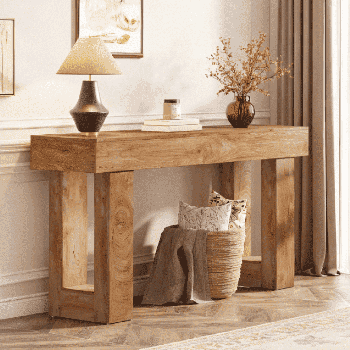 Fnova 63" Long Console Table, 2-Tier Wooden Narrow Rectangular Sofa Table Behind Couch, Farmhouse Entryway Table for Entrance, Hallway, Living Room,Warm Brown