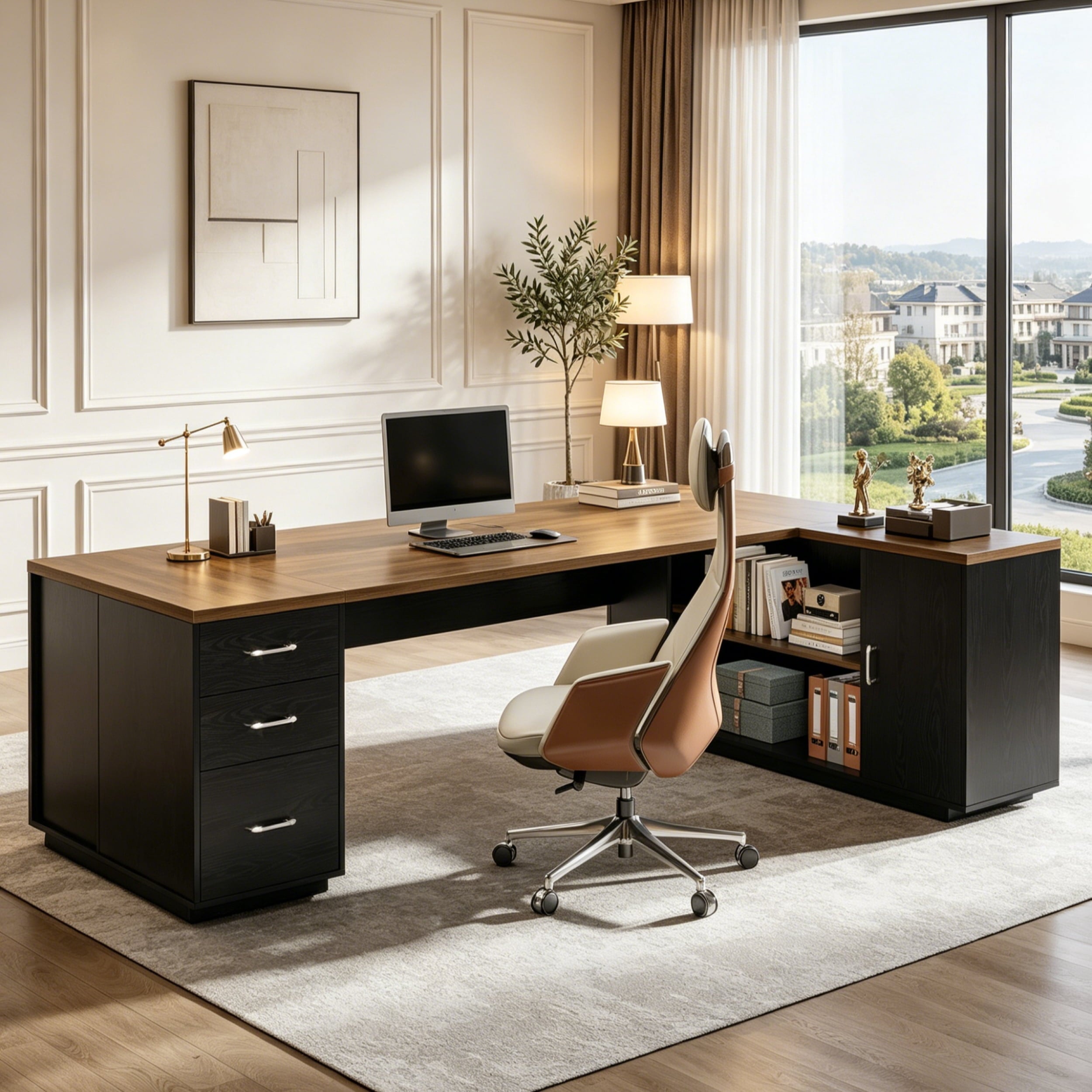 Fnova 85" L-Shaped Executive Desk with Storage Drawers, Modern Office Desk with Adjustable Shelves & File Cabinet, Extra Long Corner Computer Desk for Home Office,Walnut Black