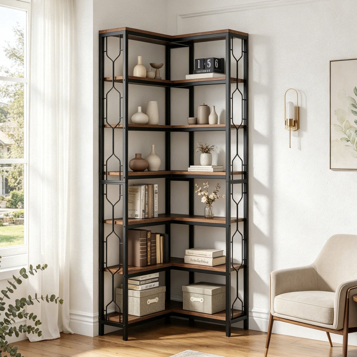Fnova 7-Tier Industrial Corner Storage Shelf Unit, Space-Saving Bookcase Display for Living Room Bedroom Home Office,WM010549_BNB_US