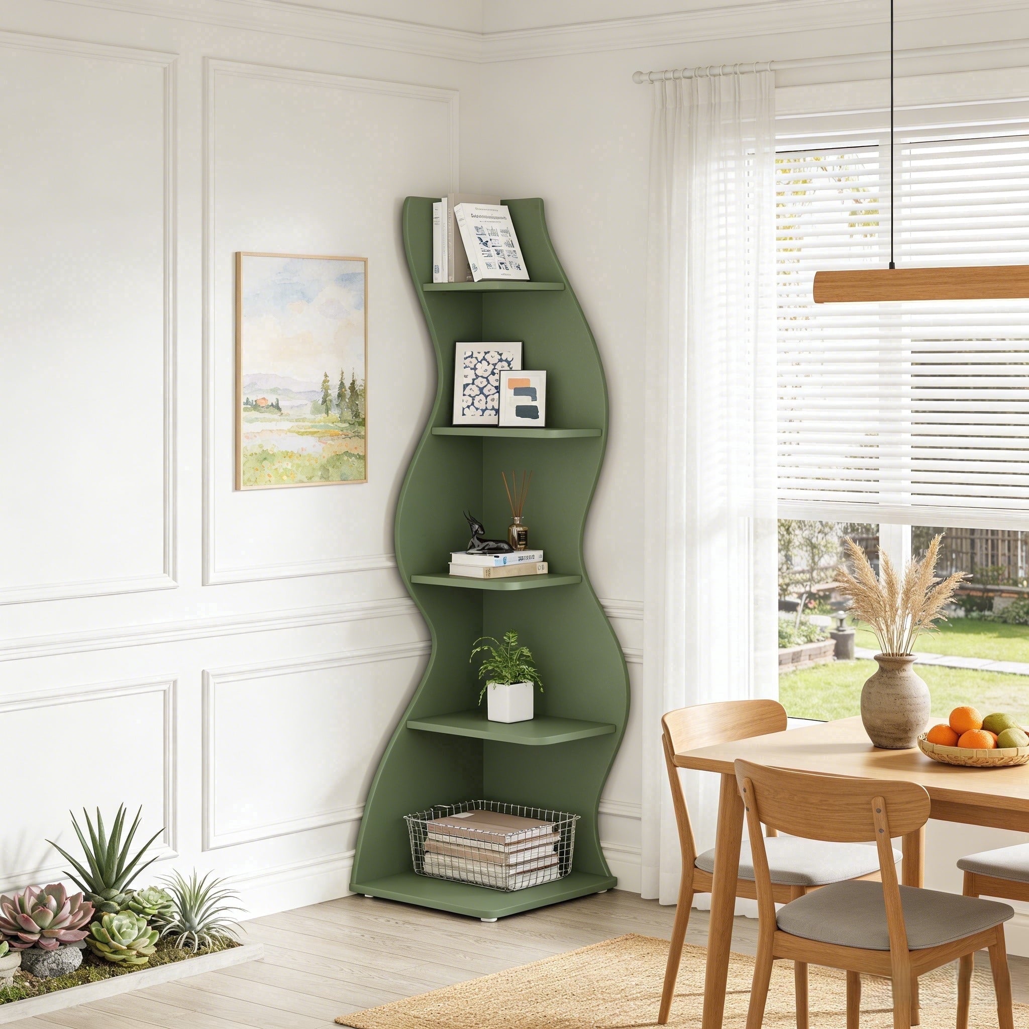 Fnova 70" 5-Tier Corner Shelving Unit, Modern Tall Storage Shelf Bookcase Plant Stand Organizer Unit for Home Office Living Room Bedroom, Green,Green