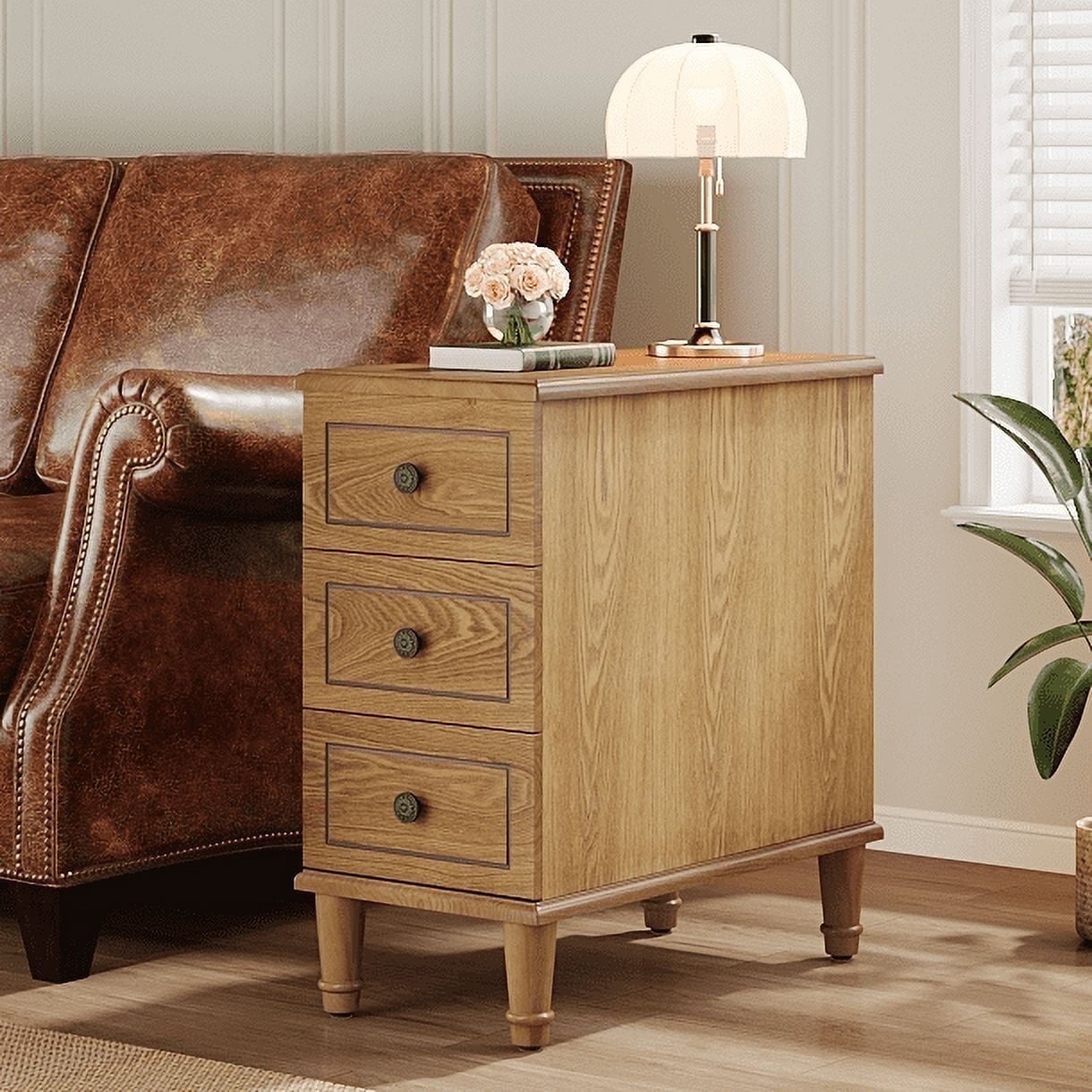 Fnova Side Tables with 3 Drawers, No Assembly Required, Narrow End Tables for Living Room, Nightstand Bedside Table for Bedroom, Woodtone,light Brown