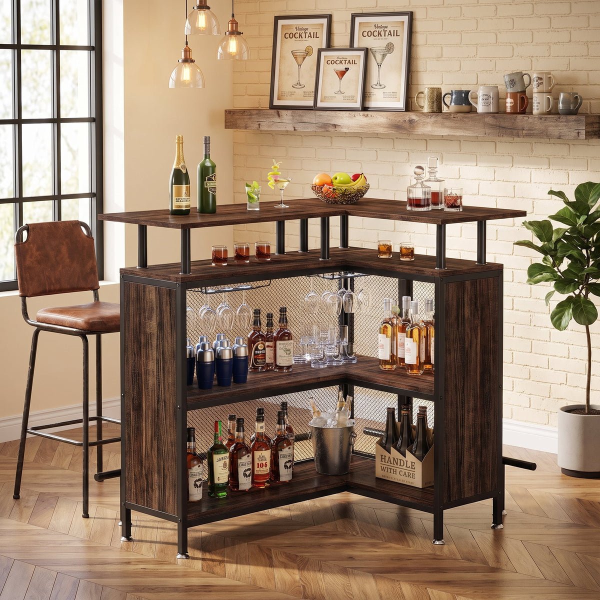 Fnova L Shaped Home Bar Unit with Storage Shelves and Footrest, Bar Table for Living Room, Kitchen, Home Bar Small Space,WM010933_BN_US