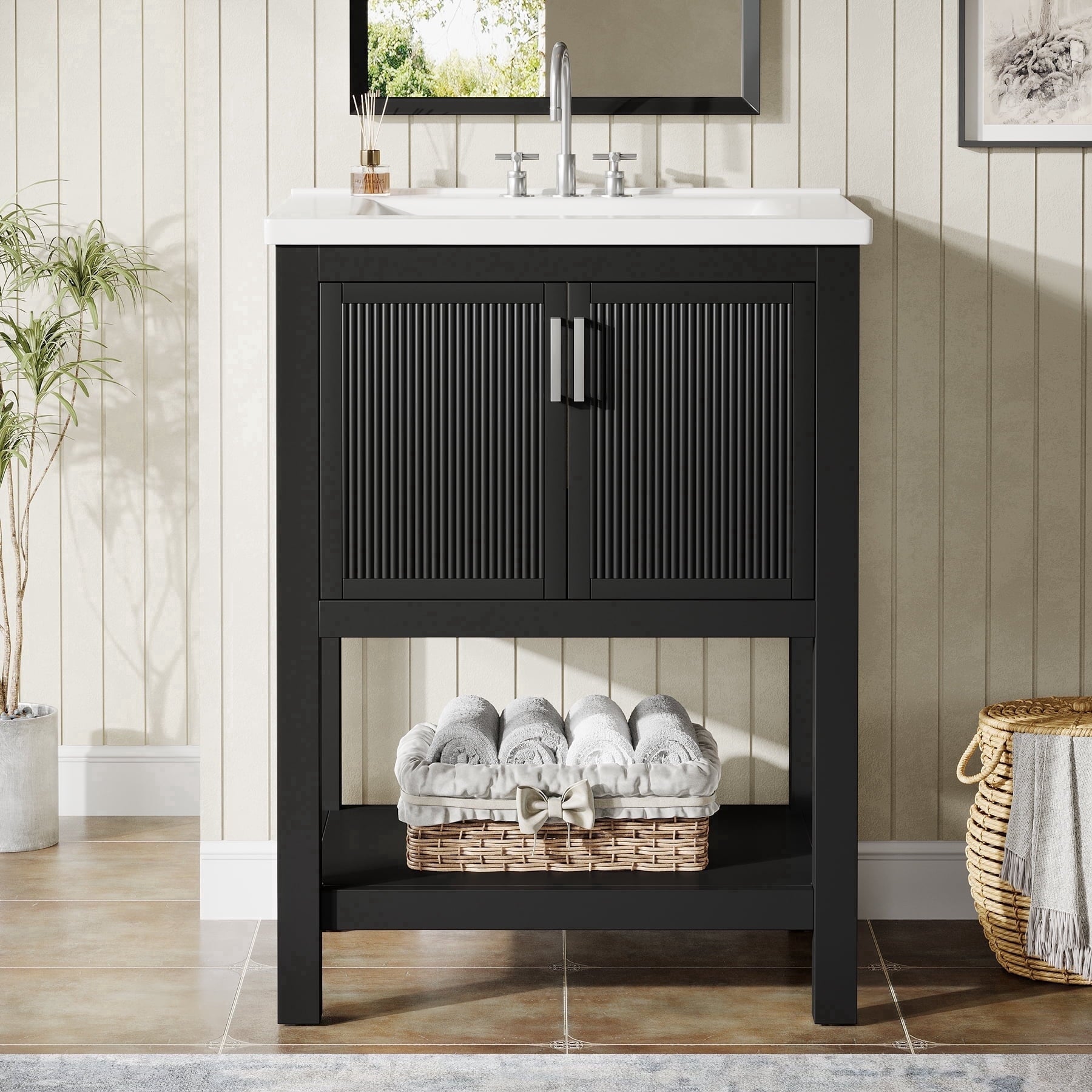 Fnova 24-Inch Bathroom Vanity with Sink, Modern Bathroom Sink Cabinet with Ceramic Basin for Small Space, Freestanding Storage Cabinet with 2 Doors & 1 Open Shelf, Black,WM011302M_B_US