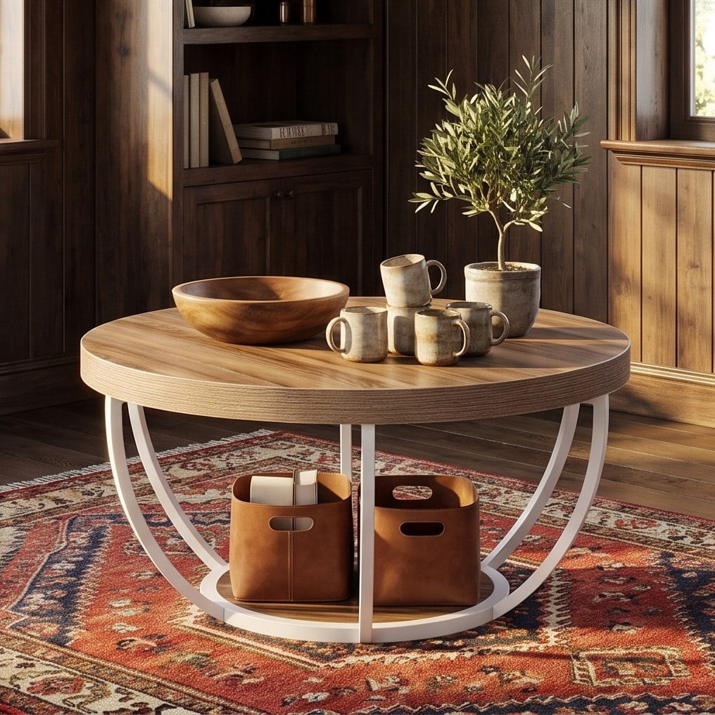 Fnova Coffee Table with 2 - Tier Storage, 32-Inch Round Wood Coffee Table with Metal Legs, Modern Rustic Style Center Table for Living Room, Brown and White,WM010203_BNW_US