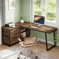 Fnova 53.15" L-shaped Computer Desk with 3 Drawers, Wood Tabletop, Metal Frame Office Desk, Brown,Brown