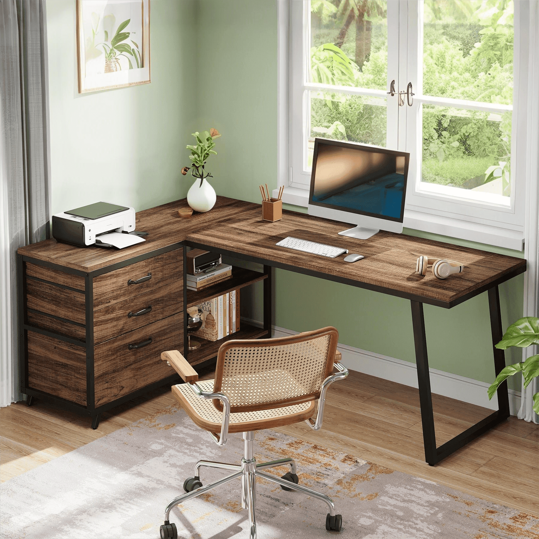 Fnova 53.15" L-shaped Computer Desk with 3 Drawers, Wood Tabletop, Metal Frame Office Desk, Brown,Brown