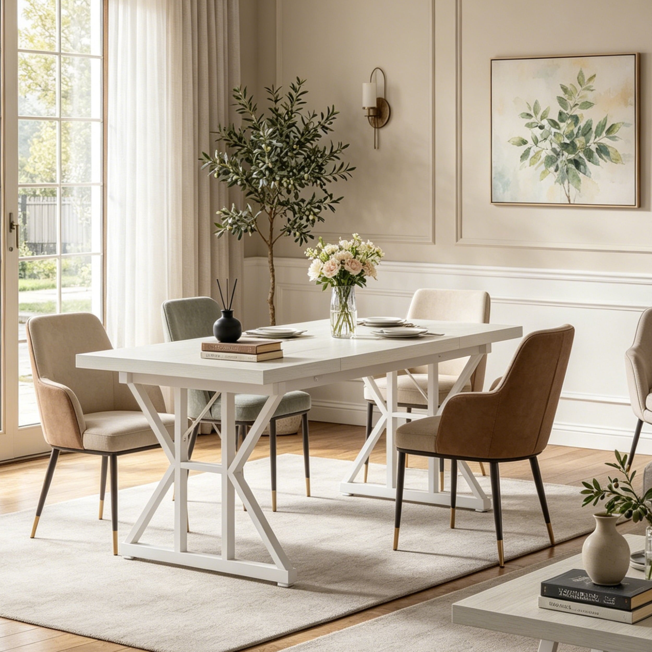 Fnova 70.86 Inch Farmhouse Dining Table, X-Shaped Metal Legs, Large Rectangular Kitchen Table for 6-8 People, Heavy Duty Dining Room Furniture,White