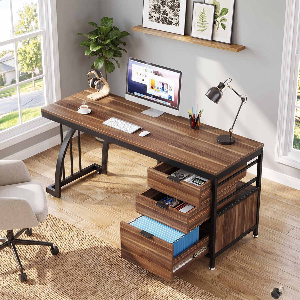 Fnova 59-Inch Computer Desk, Home Office Writing Table with 3 Reversible Drawers, Industrial File Storage Desk, Sturdy Metal Frame with Adjustable Feet, for Home Office & Study,WM010442_BN_US