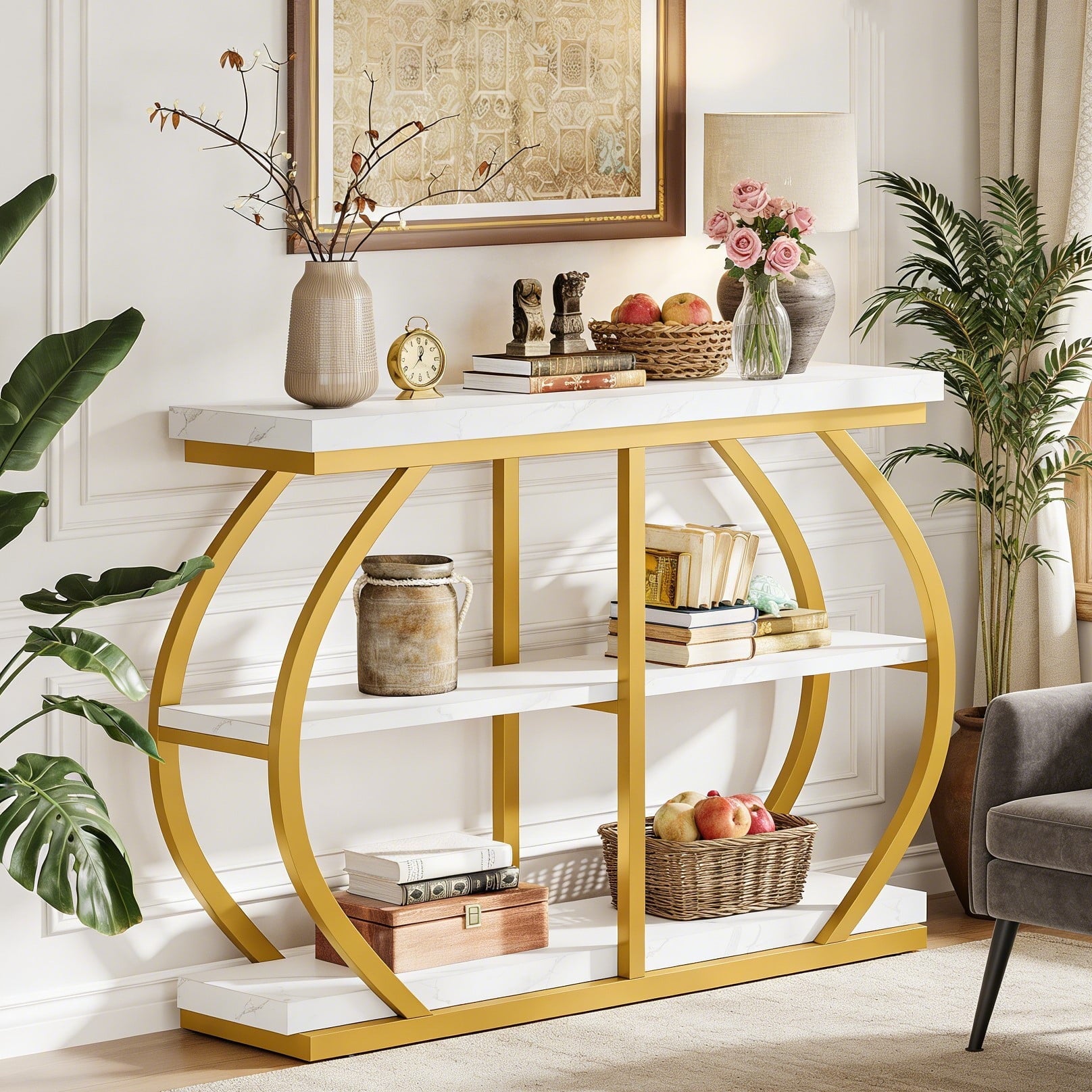 Fnova 41.3" Industrial Console Table, 3-Tier Entryway Table with Arched Metal Frame, Storage Shelves, Easy Assembly, for Living Room, Hallway,White Gold