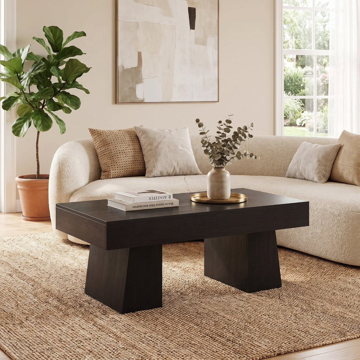 Fnova Farmhouse 47 Inch Rectangle Wooden Coffee Table, Sturdy Base, Modern Cocktail Tea Table, Accent Center Table for Living Room, Bedroom,WM010481_B_US