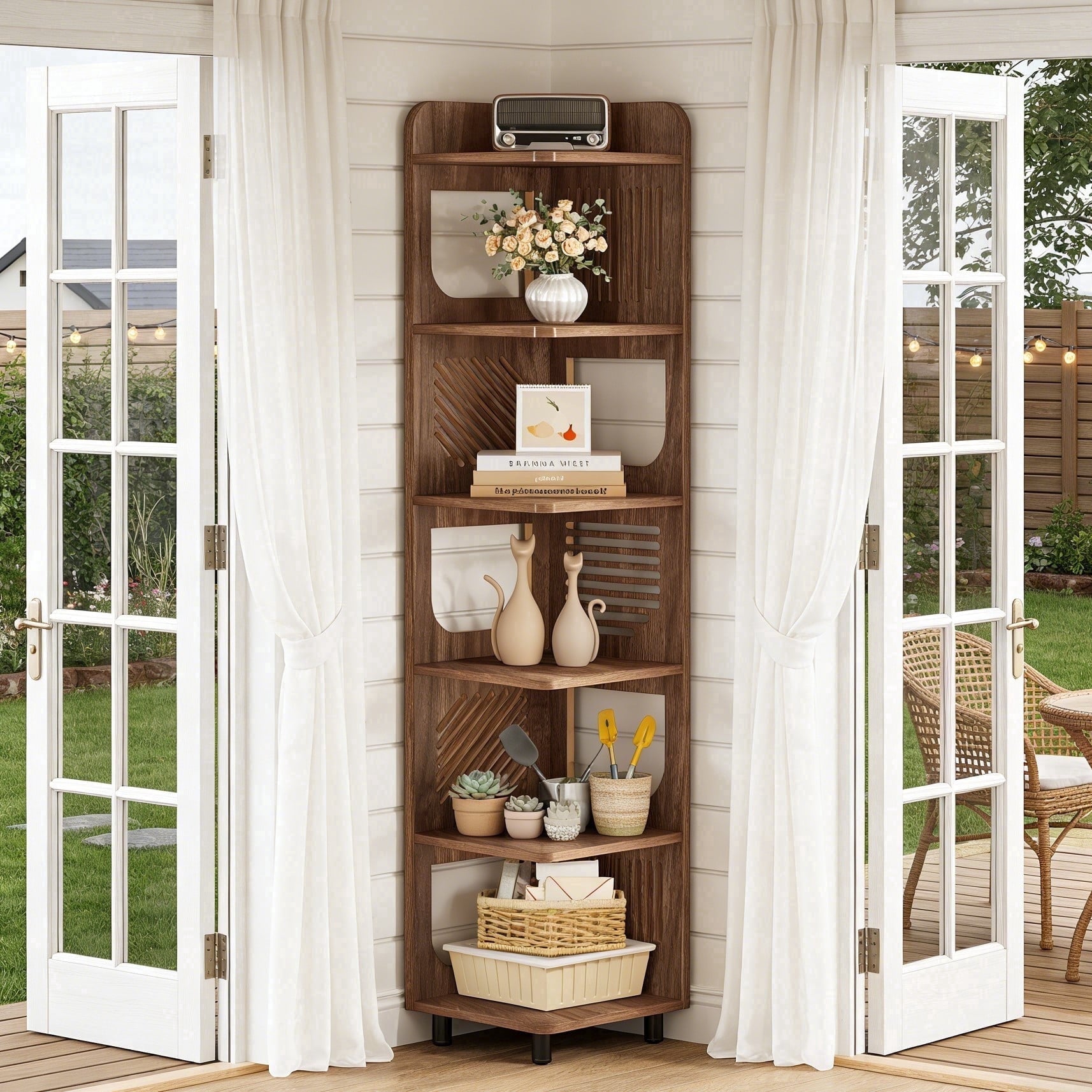 Fnova 71" 6-Tier Tall Corner Bookshelf, Rustic Wooden Narrow Corner Bookcase with Artistic Square Rack, Freestanding Display Storage Shelf for Space-Saving Home Organizing,Walnut