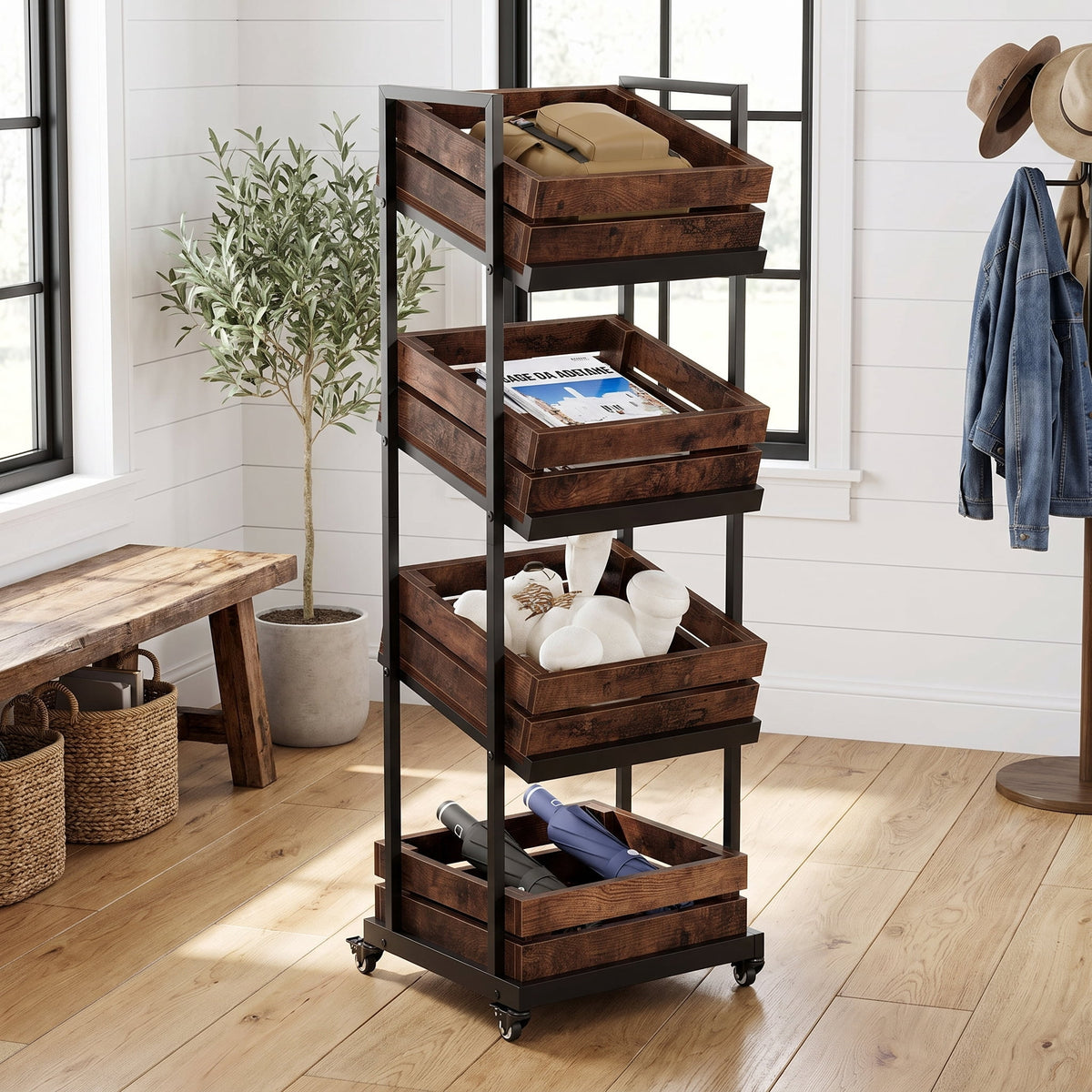 Fnova 4-Tier Rolling Storage Cart with Tilt & Horizontal Shelves, 59.06-Inch Tall Mobile Organizer with Lockable Wheels for Kitchen Entryway,WM010577_BNB_US
