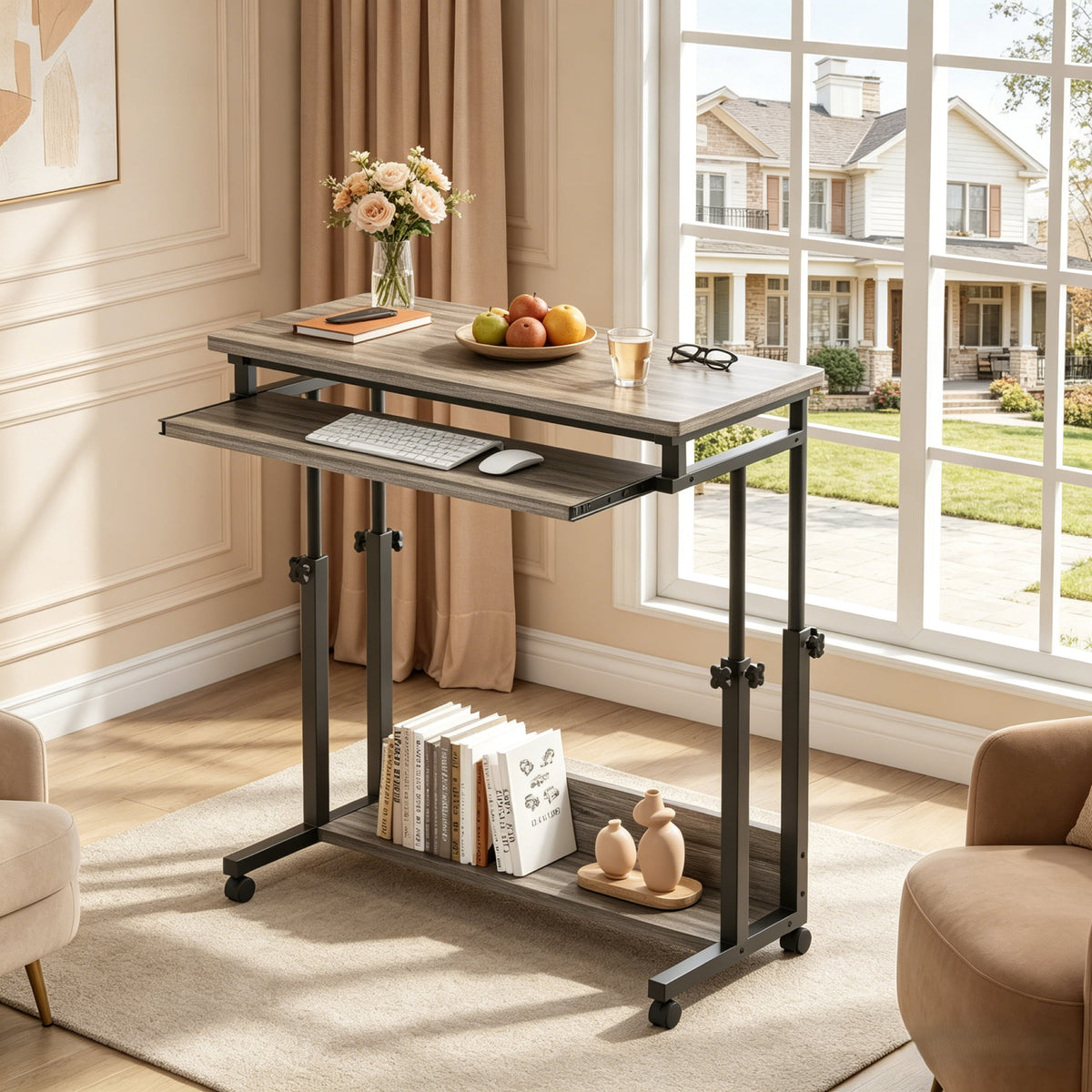 Fnova Height-Adjustable Desk with Wheels, Rolling Computer Cart with Keyboard Tray, Portable Laptop Small Standing Desk for Sofa, Bed, Home Office,WM010118_G_Tables