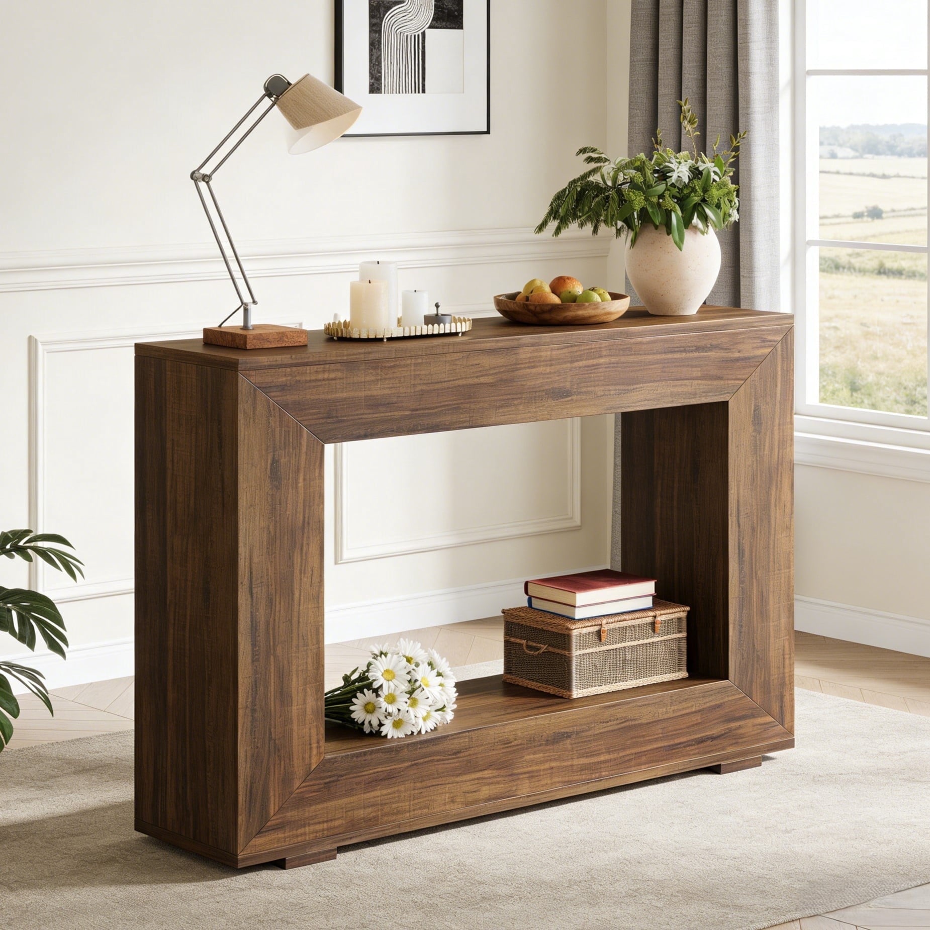 Fnova Farmhouse Console Table for Entryway, 47.2" Long Narrow Wood Entryway Table, Easy Assembly, Dark Brown,Dark Brown