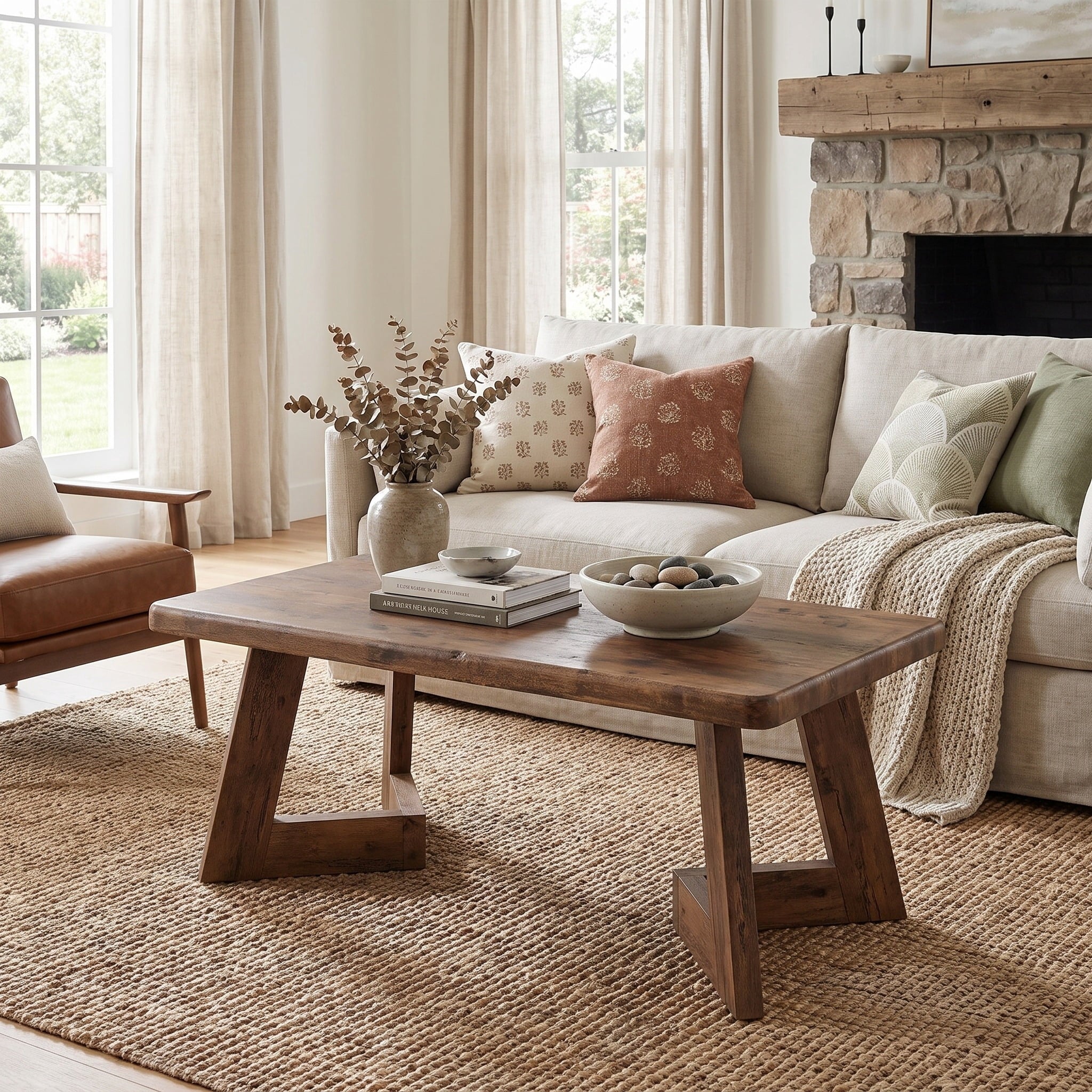 Fnova Farmhouse Coffee Table with V-Shaped Legs, 47.24 Inch Rectangle Living Room Center Table, Cocktail Tea Table, Accent Furniture, Rustic Brown,WM010486_DBN_US