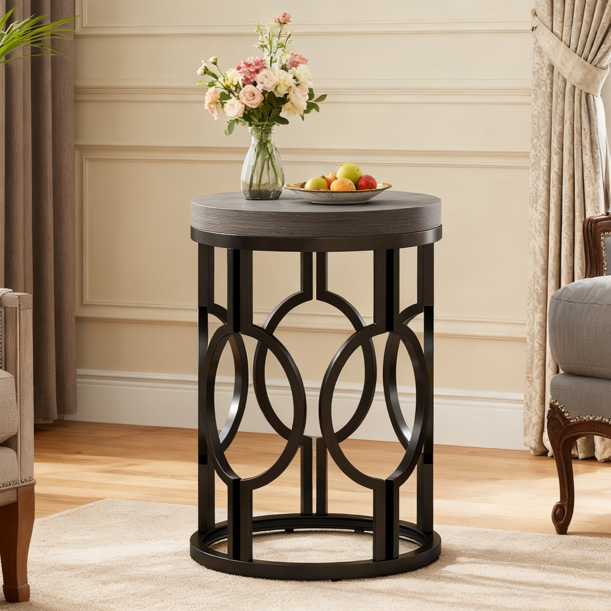 Fnova Round End Table, Industrial Small Side Table with Metal Hollow Frame for Living Room, Bedroom, Easy Assembly Nightstand,Gray