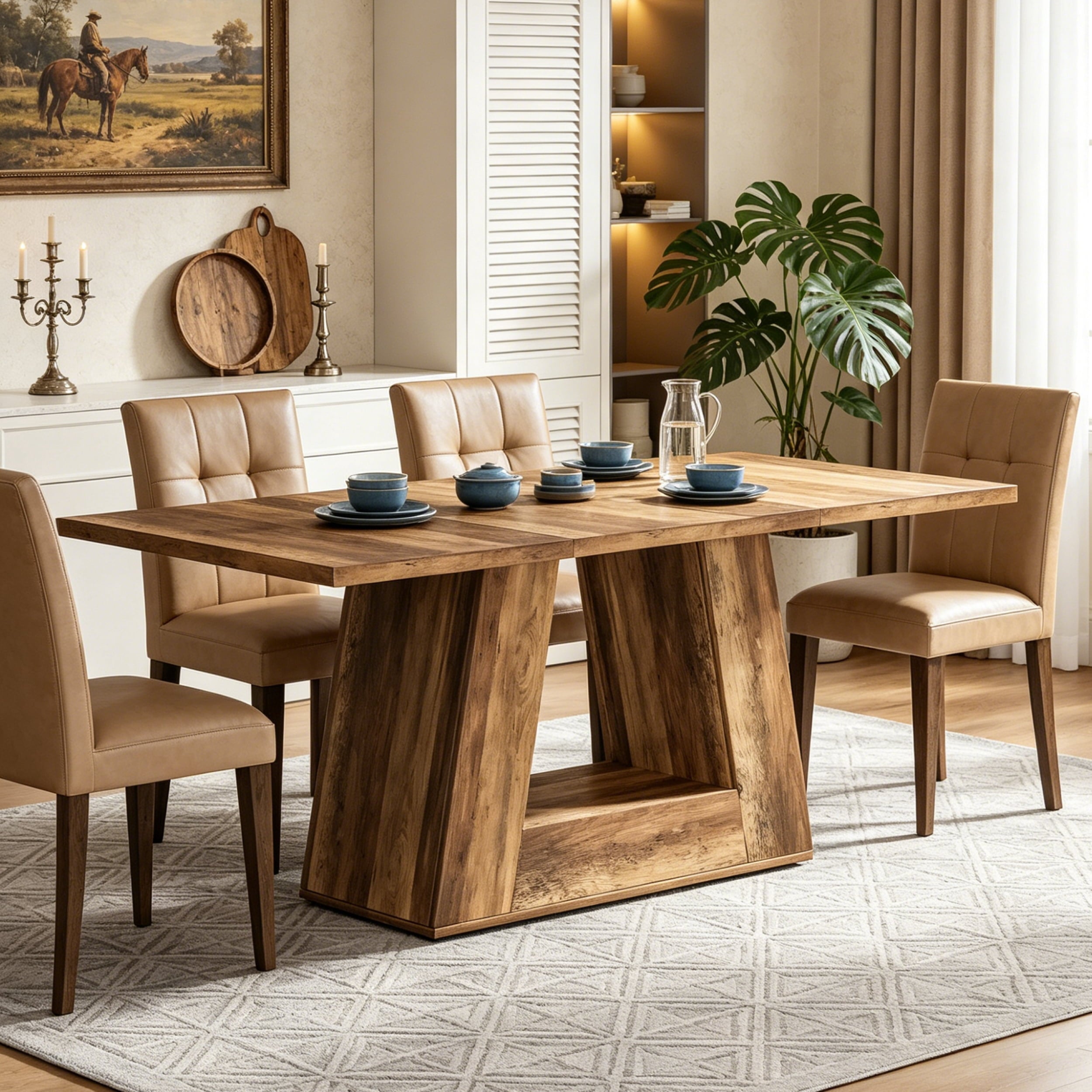 Fnova 63" Modern Long Dining Table for 6 people, Rectangular Geometric Artificial Marble Kitchen Table for Dining Room, Brown,Brown