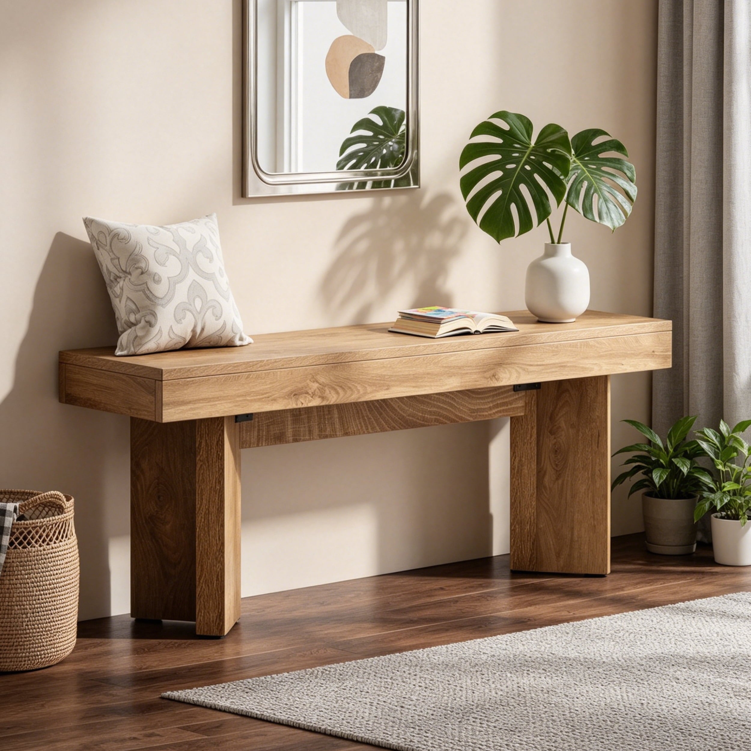 Fnova 47.24" Entryway Bench, Farmhouse Wooden Shoe Bench, Indoor End of Bed Stool for 1-2, Long Kitchen Table Seat Dining Seat for Entryway, Hallway, Living Room,Brown
