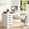 Fnova 47.24" Computer Desk with 5 Drawers, Reversible File Cabinet, Writing Workstation for Home Office Bedroom Study Makeup Vanity Desk Furniture,White