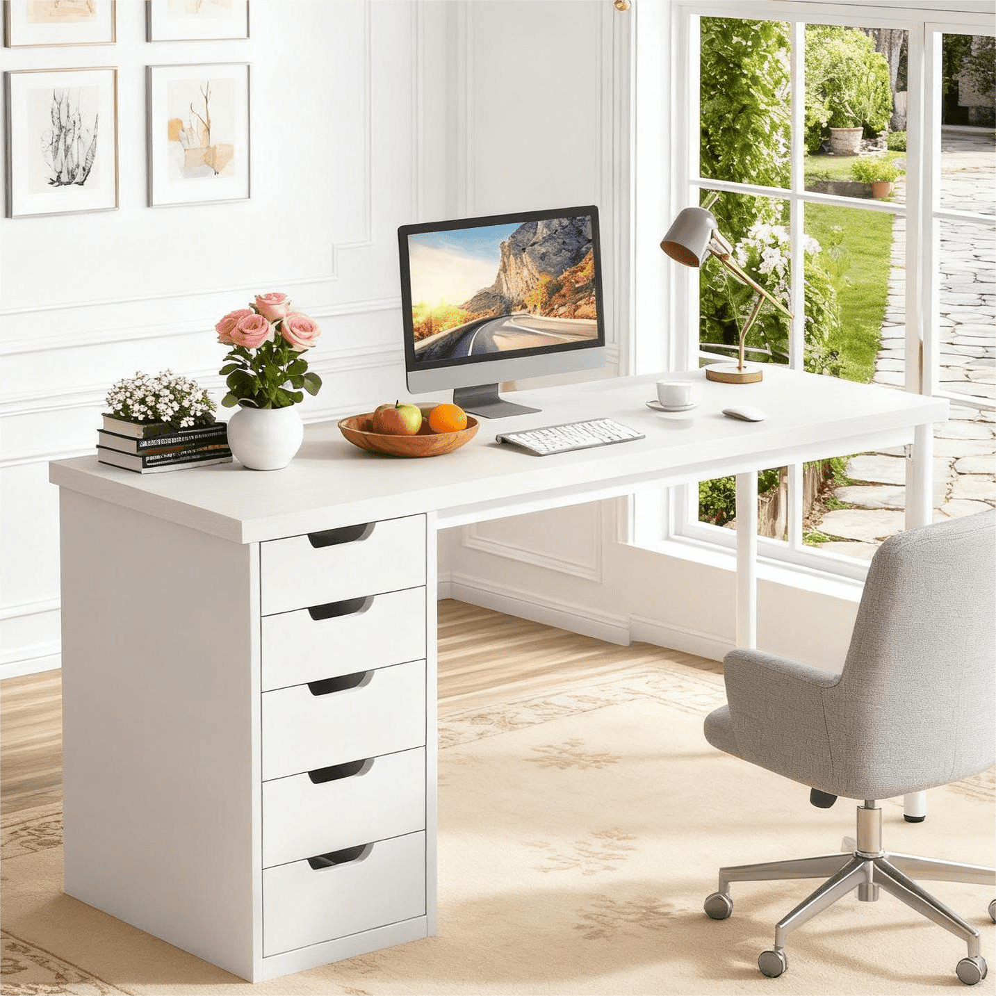 Fnova 47.24" Computer Desk with 5 Drawers, Reversible File Cabinet, Writing Workstation for Home Office Bedroom Study Makeup Vanity Desk Furniture,White